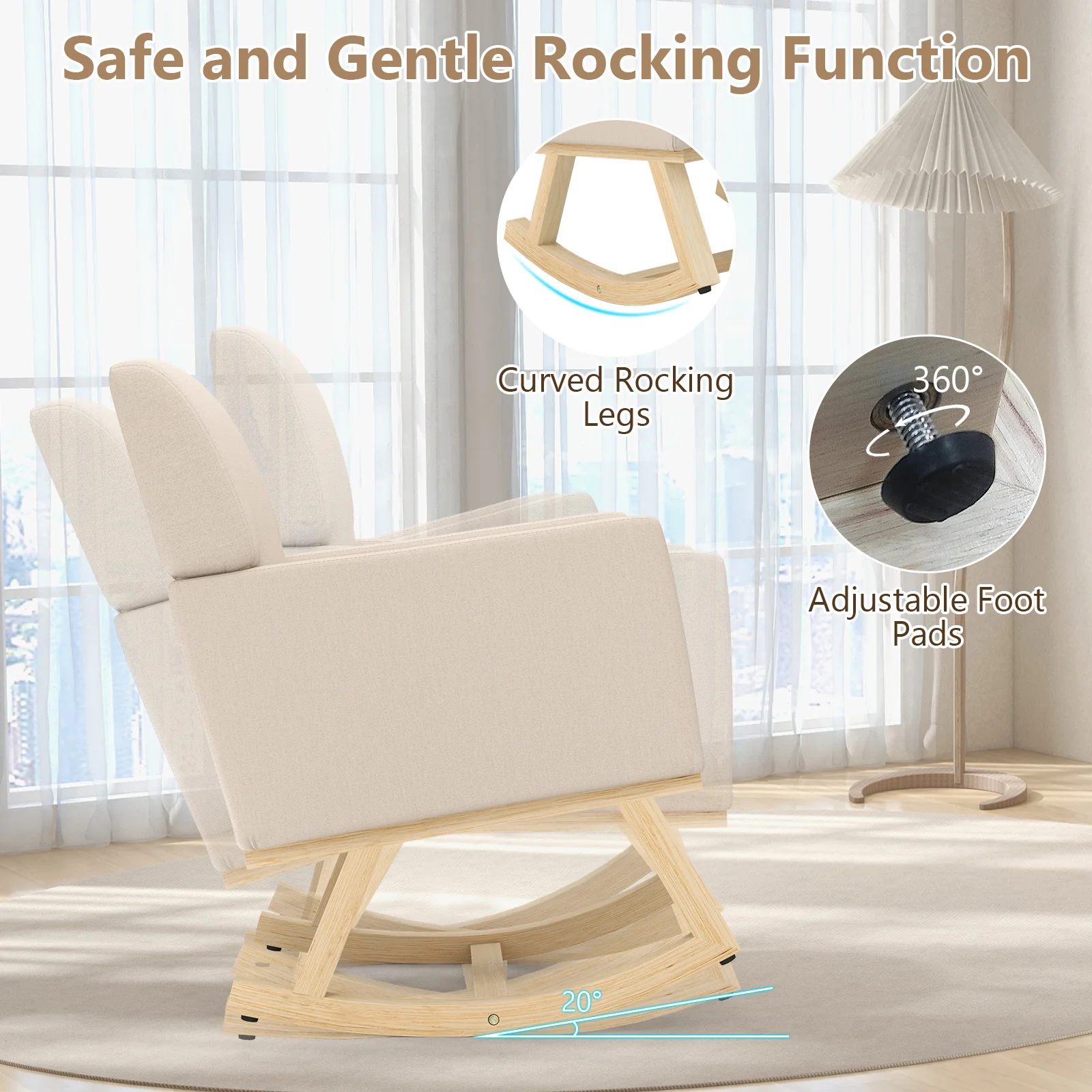 Upholstered Rocking Chair, Solid Wood Base, Beige - Image 8