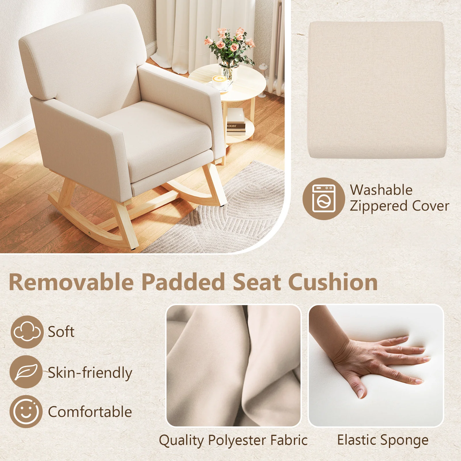 Upholstered Rocking Chair, Solid Wood Base, Beige - Image 9