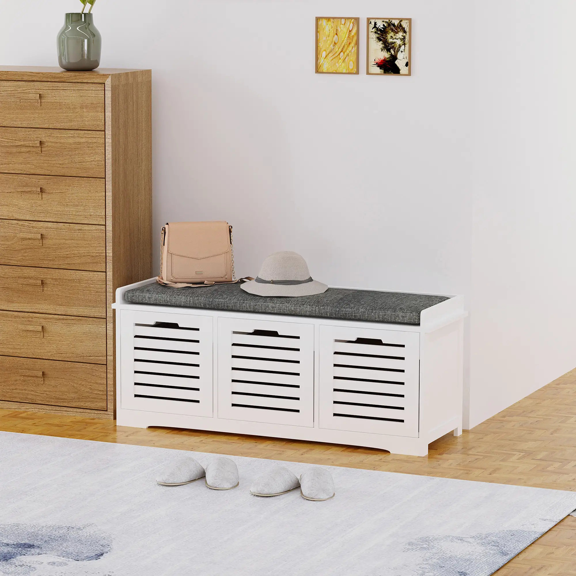 Upholstered Shoe Cabinet Bench, 3 Drawer Storage, White - Image 2