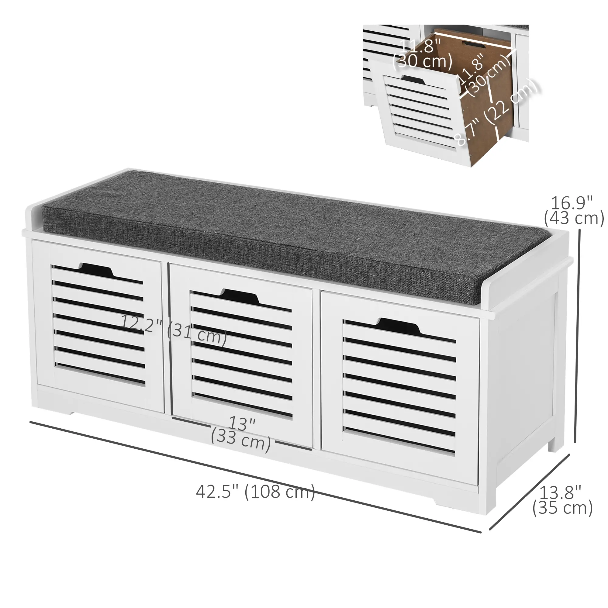 Upholstered Shoe Cabinet Bench, 3 Drawer Storage, White - Image 3