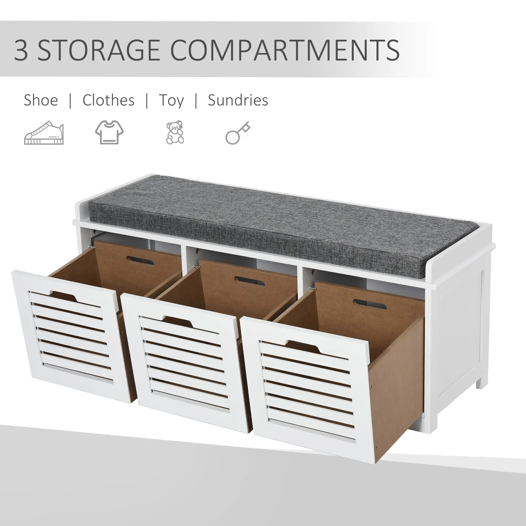 Upholstered Shoe Cabinet Bench, 3 Drawer Storage, White - Image 4