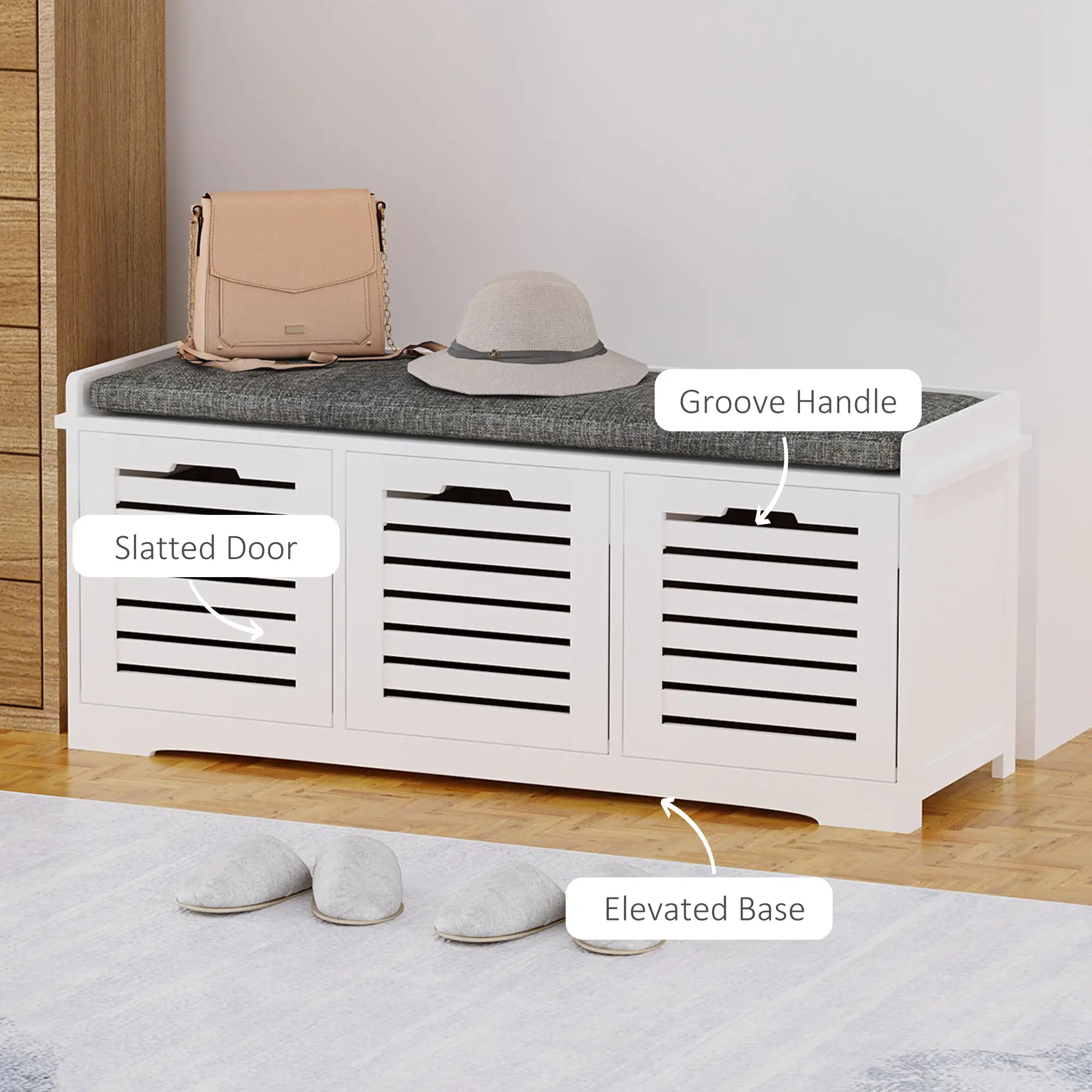 Upholstered Shoe Cabinet Bench, 3 Drawer Storage, White - Image 6