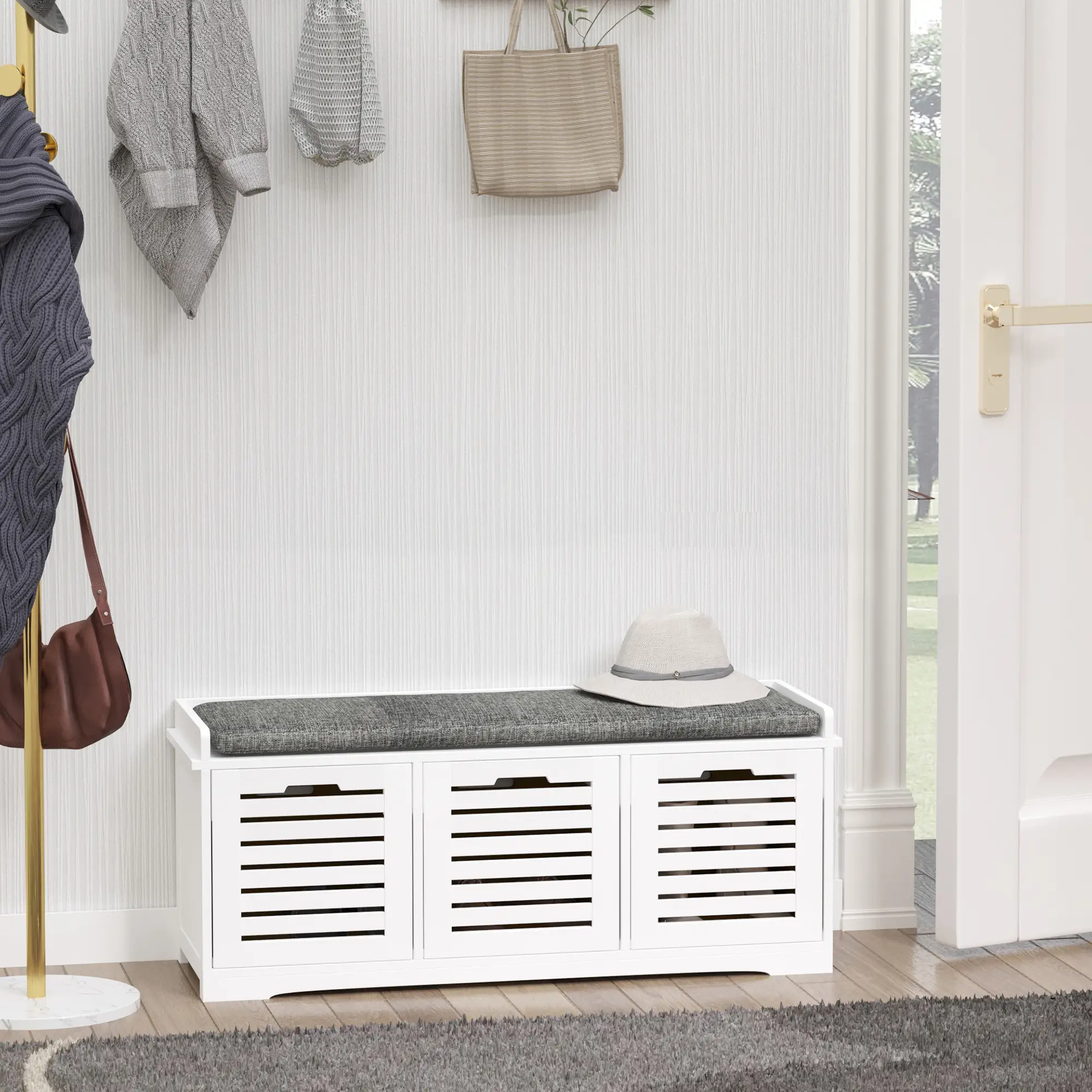 Upholstered Shoe Cabinet Bench, 3 Drawer Storage, White - Image 8