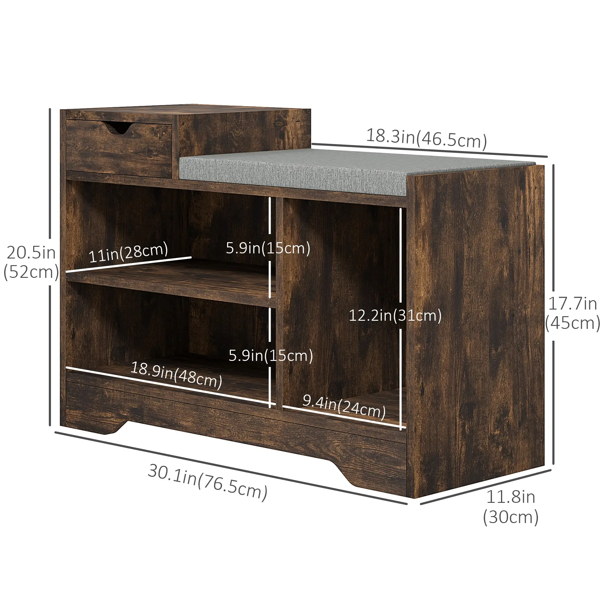 Upholstered Shoe Storage Bench, Seat, Drawer, 3 Shelves, Brown - Image 3