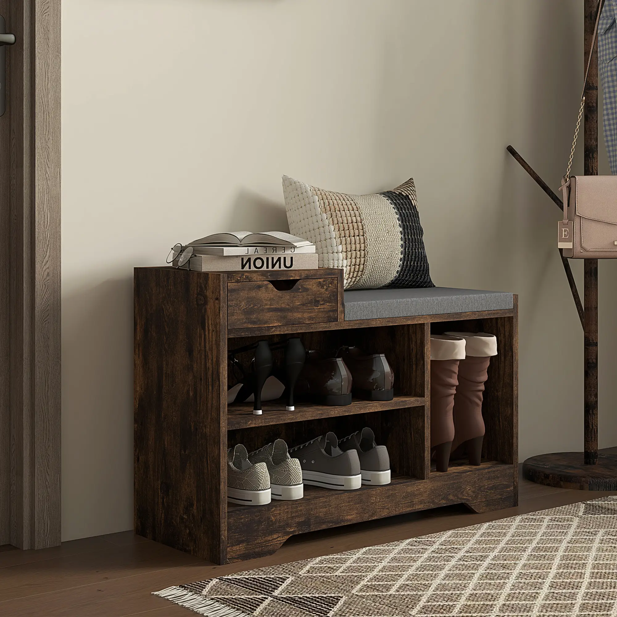 Upholstered Shoe Storage Bench, Seat, Drawer, 3 Shelves, Brown - Image 7