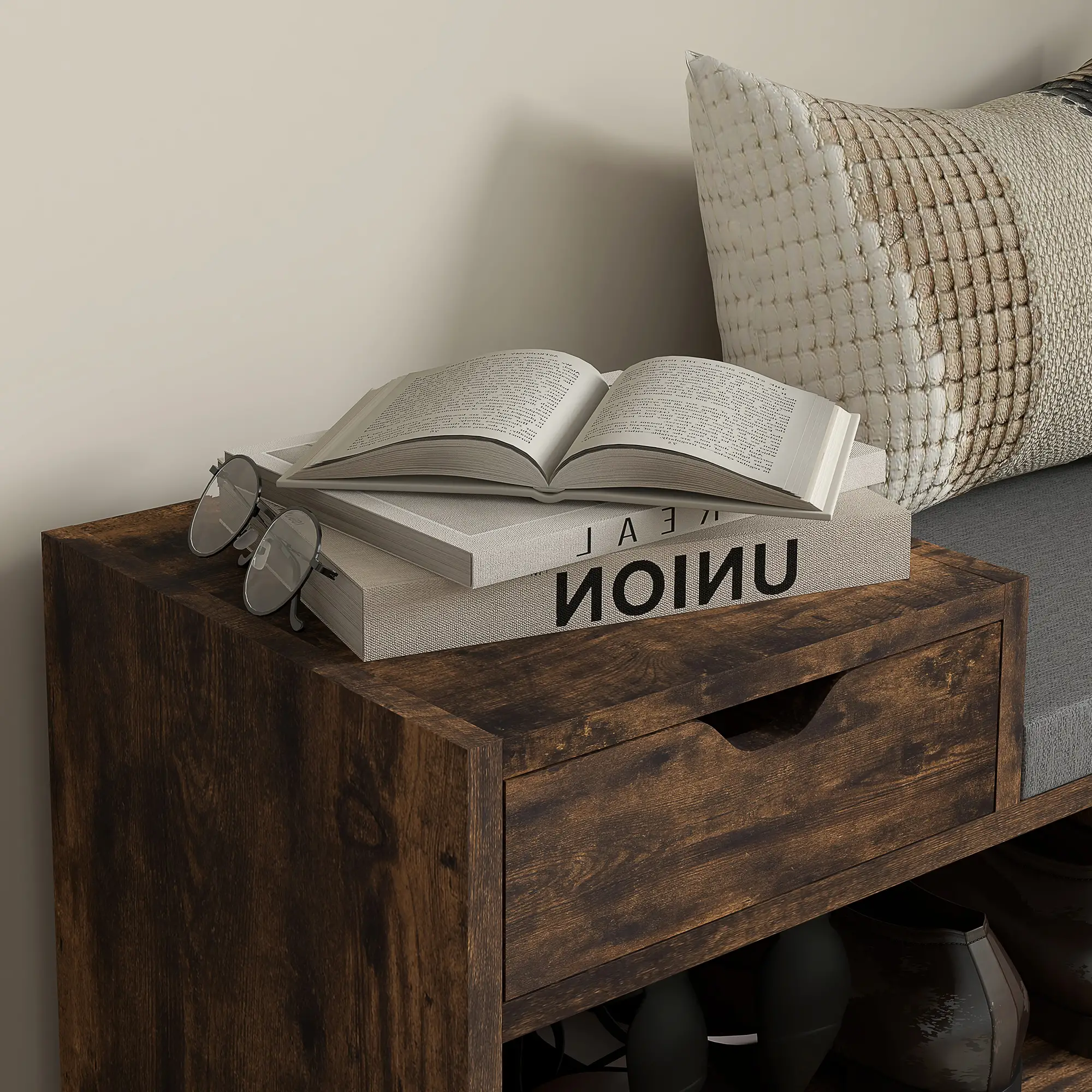 Upholstered Shoe Storage Bench, Seat, Drawer, 3 Shelves, Brown - Image 9