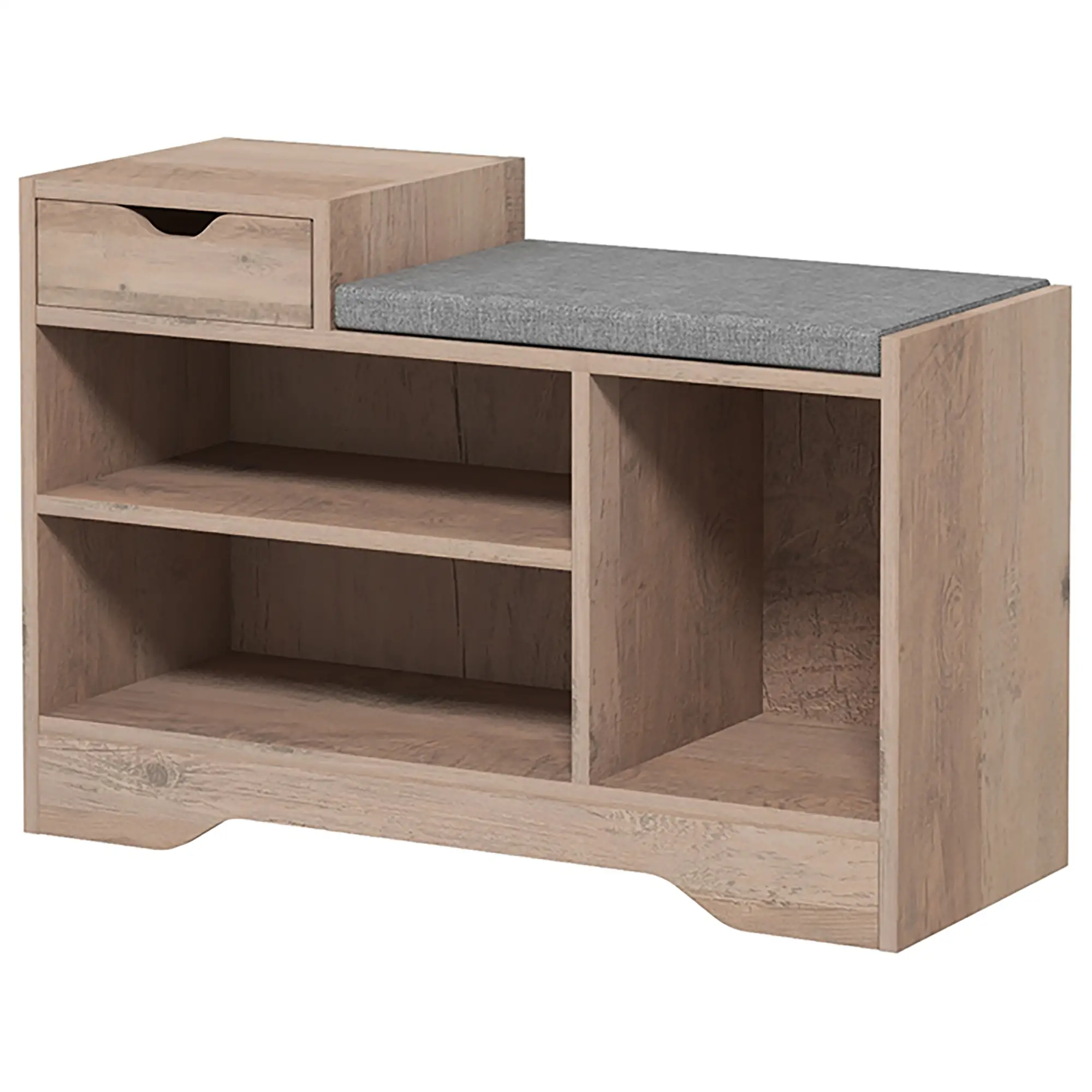Upholstered Shoe Storage Bench, Seat, Drawer, 3 Shelves, Grey