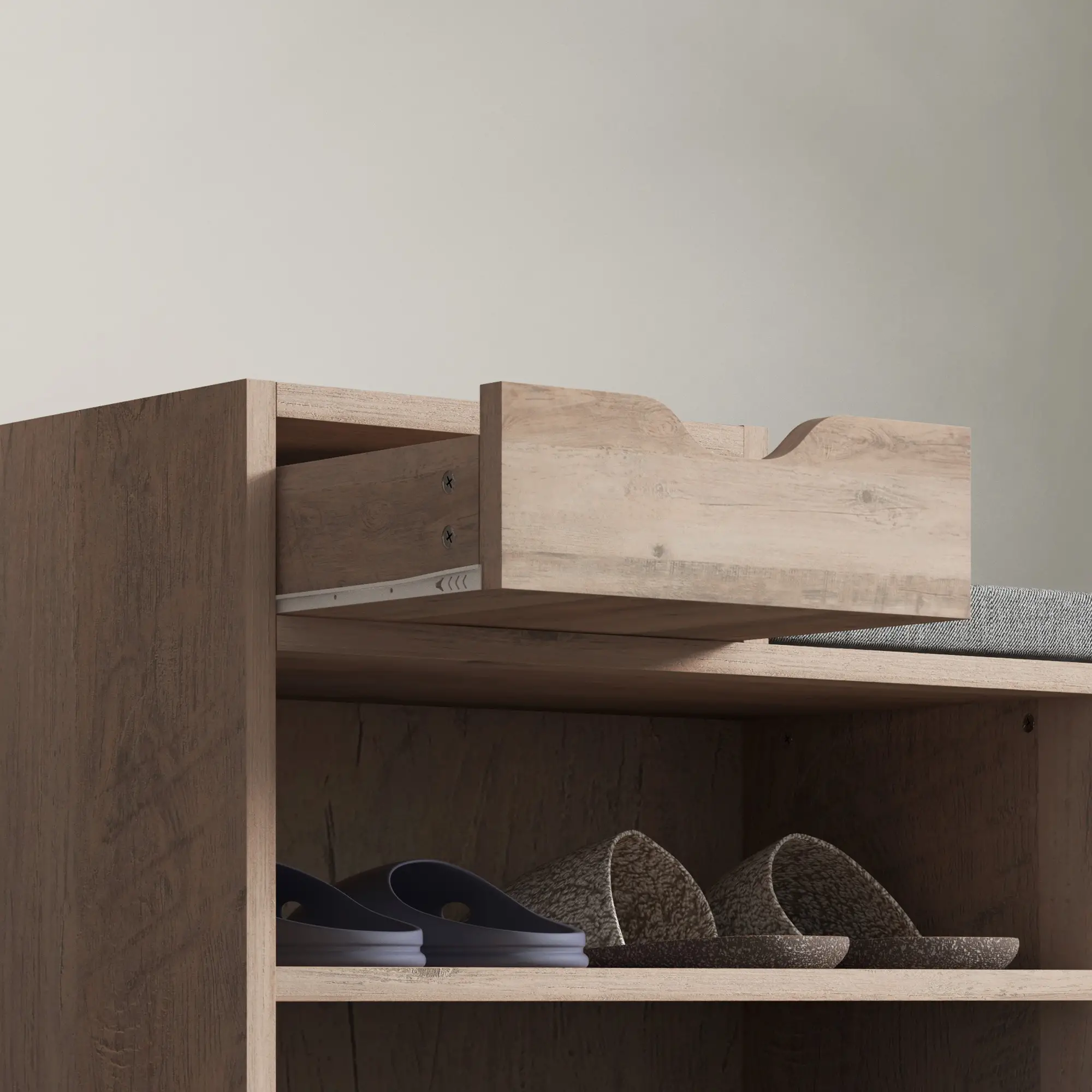 Upholstered Shoe Storage Bench, Seat, Drawer, 3 Shelves, Grey - Image 10