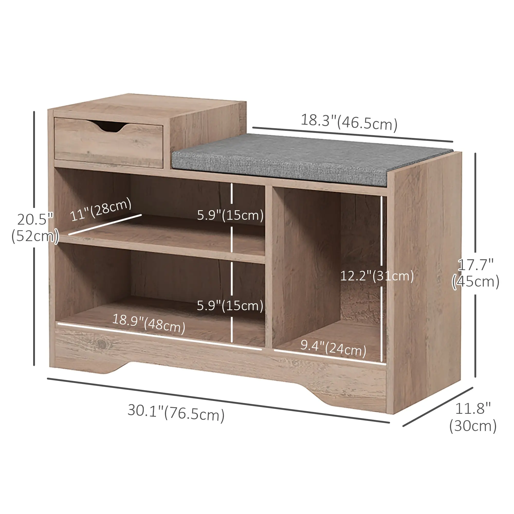 Upholstered Shoe Storage Bench, Seat, Drawer, 3 Shelves, Grey - Image 3