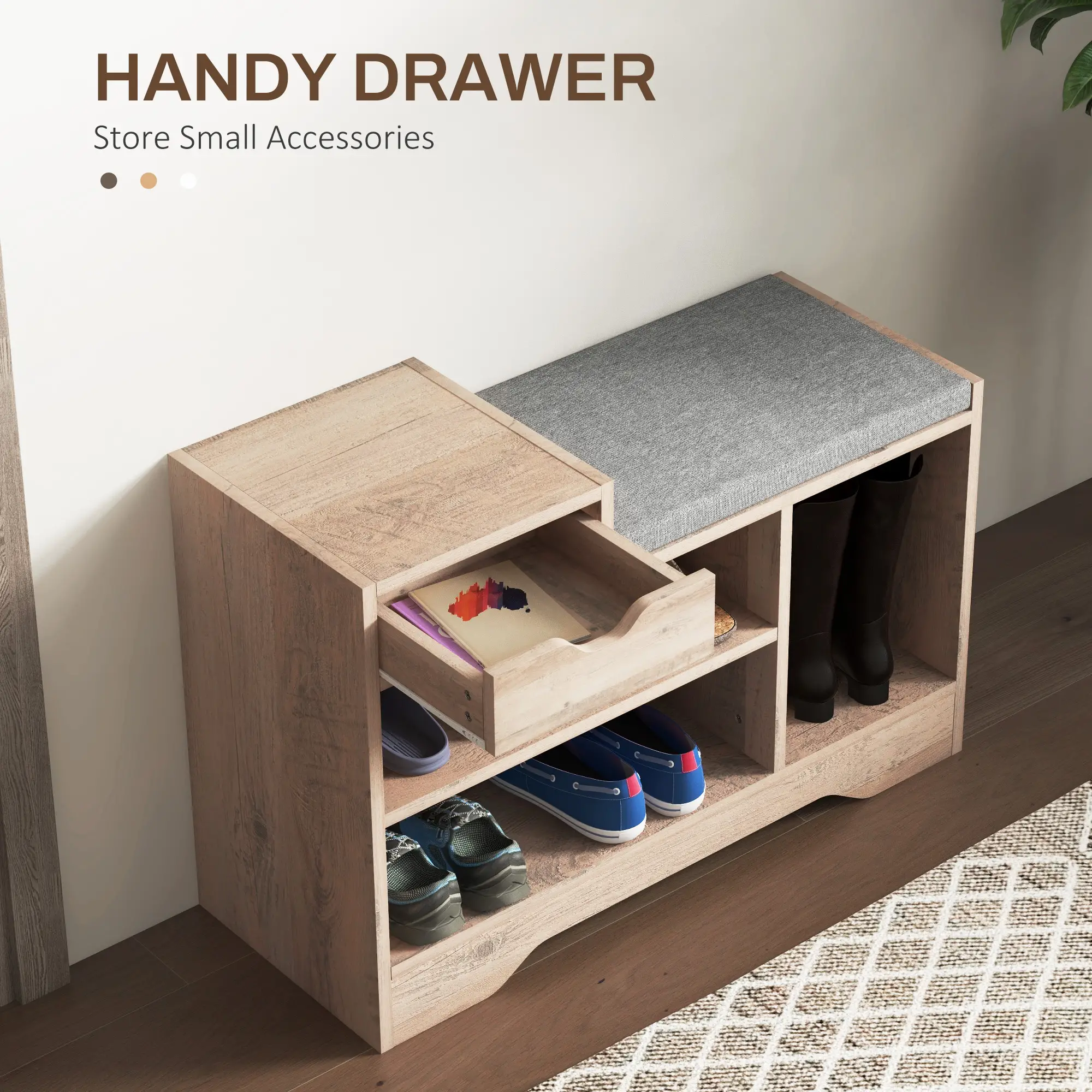Upholstered Shoe Storage Bench, Seat, Drawer, 3 Shelves, Grey - Image 5