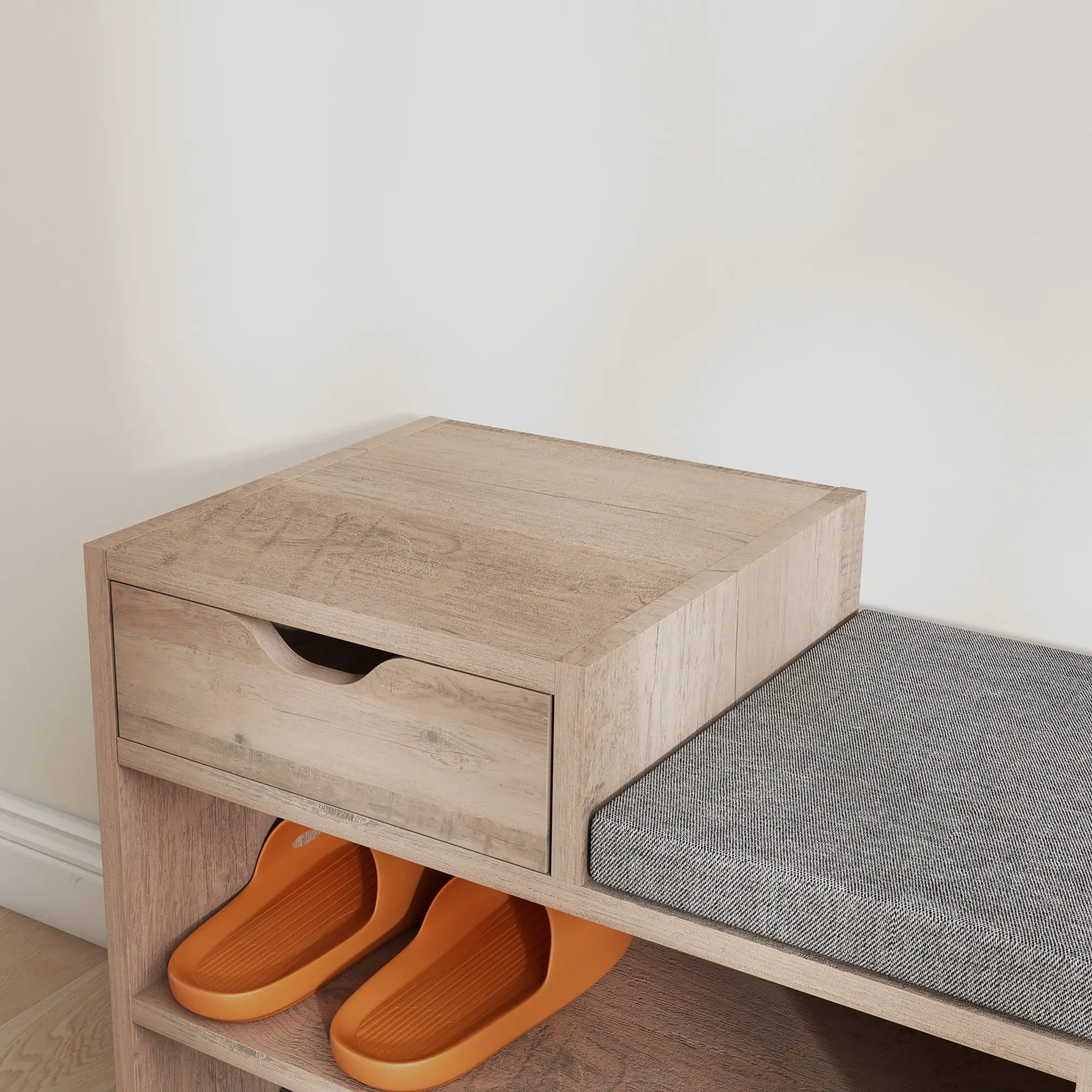 Upholstered Shoe Storage Bench, Seat, Drawer, 3 Shelves, Grey - Image 9