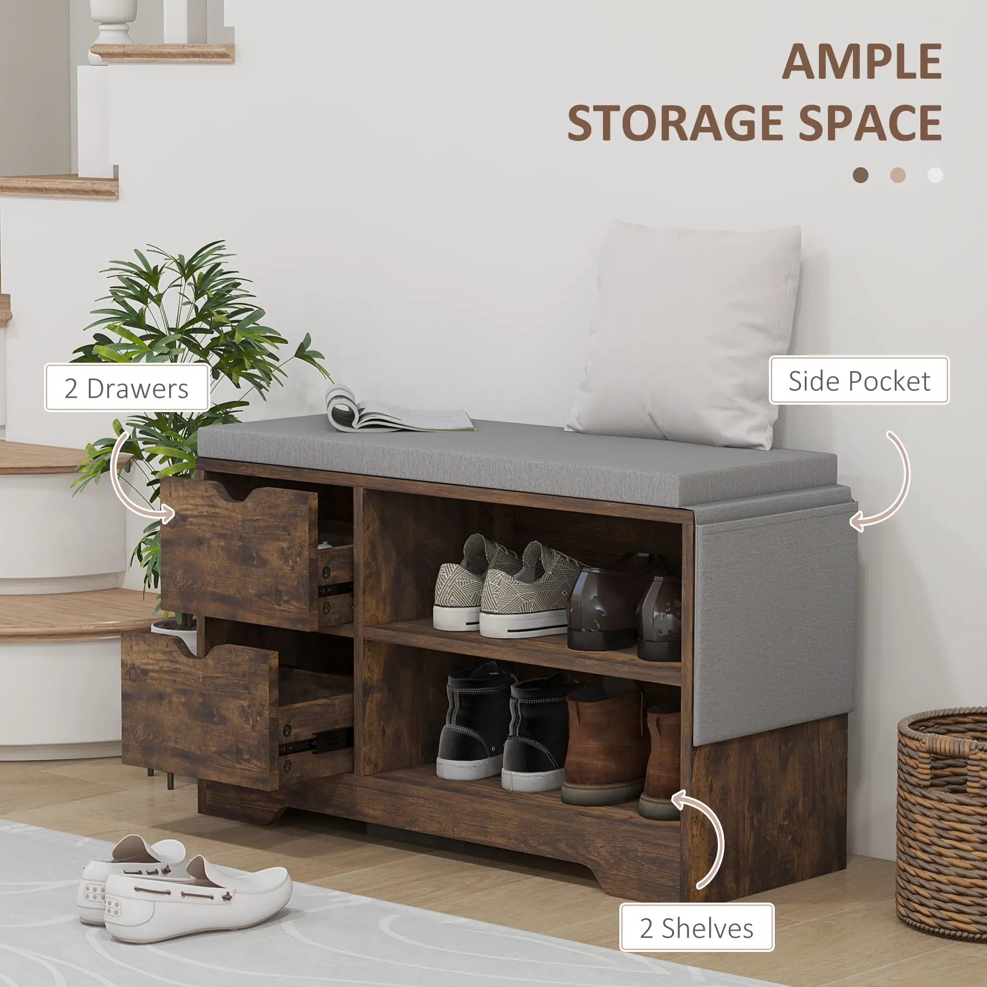Upholstered Shoe Storage Bench, Seat w/ Drawer, Rustic Brown - Image 4