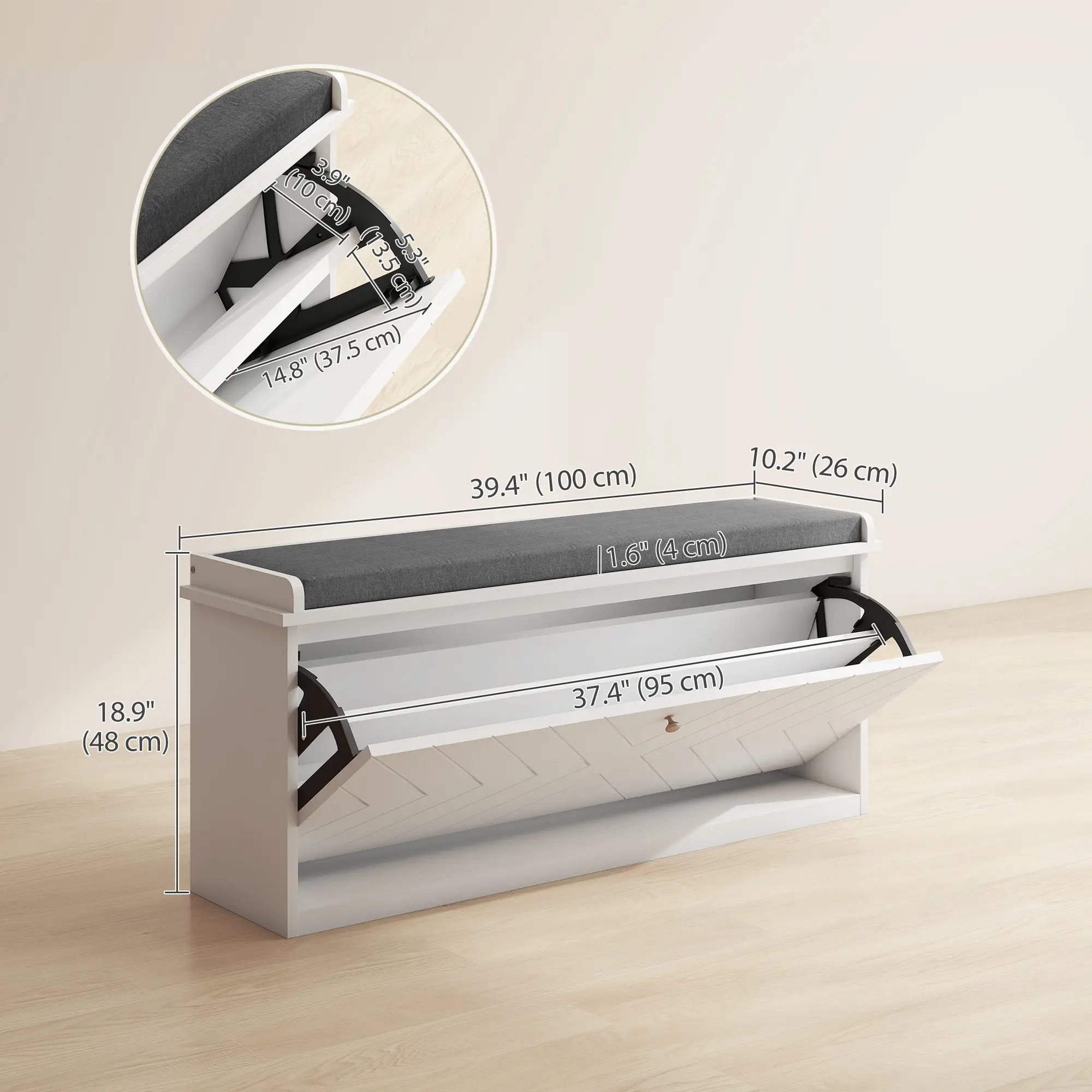 Upholstered Shoe Storage Bench with Flip Drawer, Adjustable Shelf, 10 Pairs - Image 3
