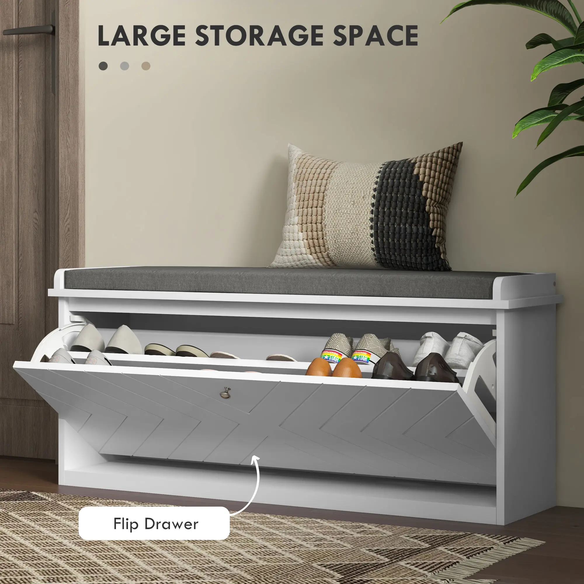 Upholstered Shoe Storage Bench with Flip Drawer, Adjustable Shelf, 10 Pairs - Image 4