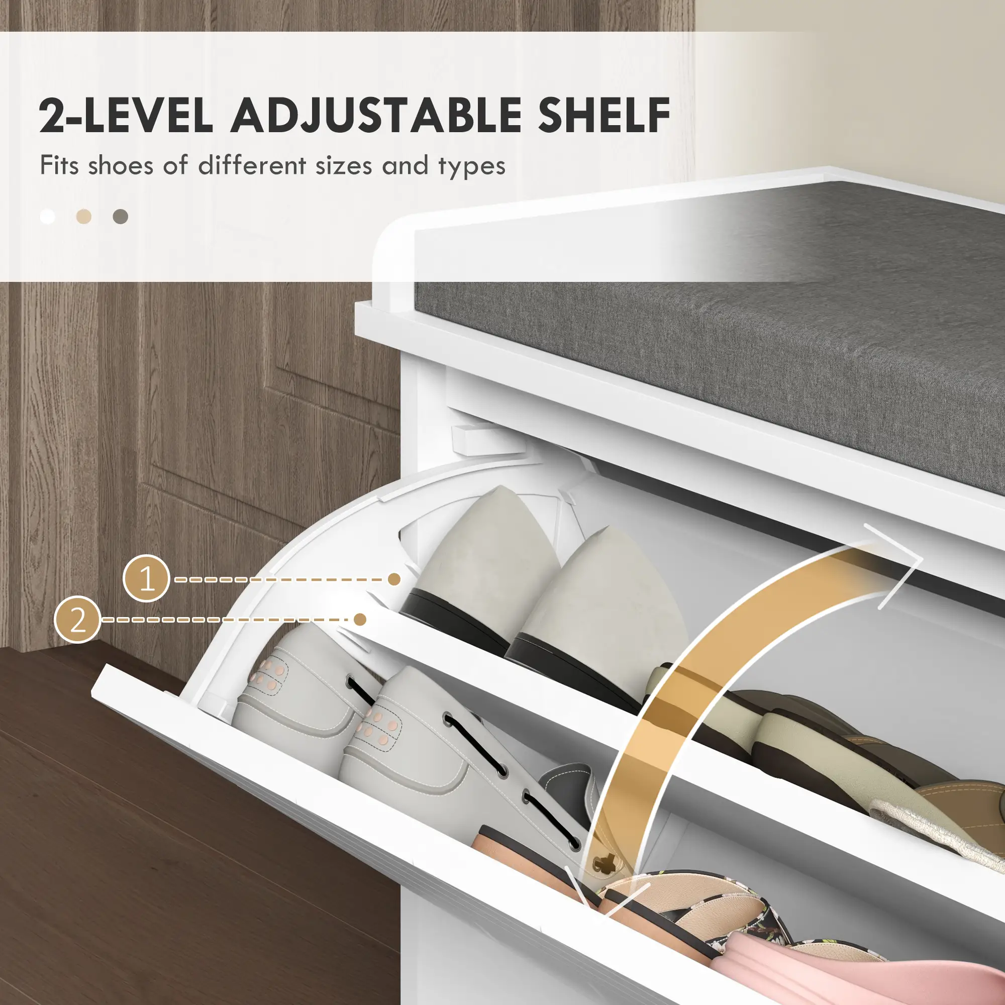 Upholstered Shoe Storage Bench with Flip Drawer, Adjustable Shelf, 10 Pairs - Image 5