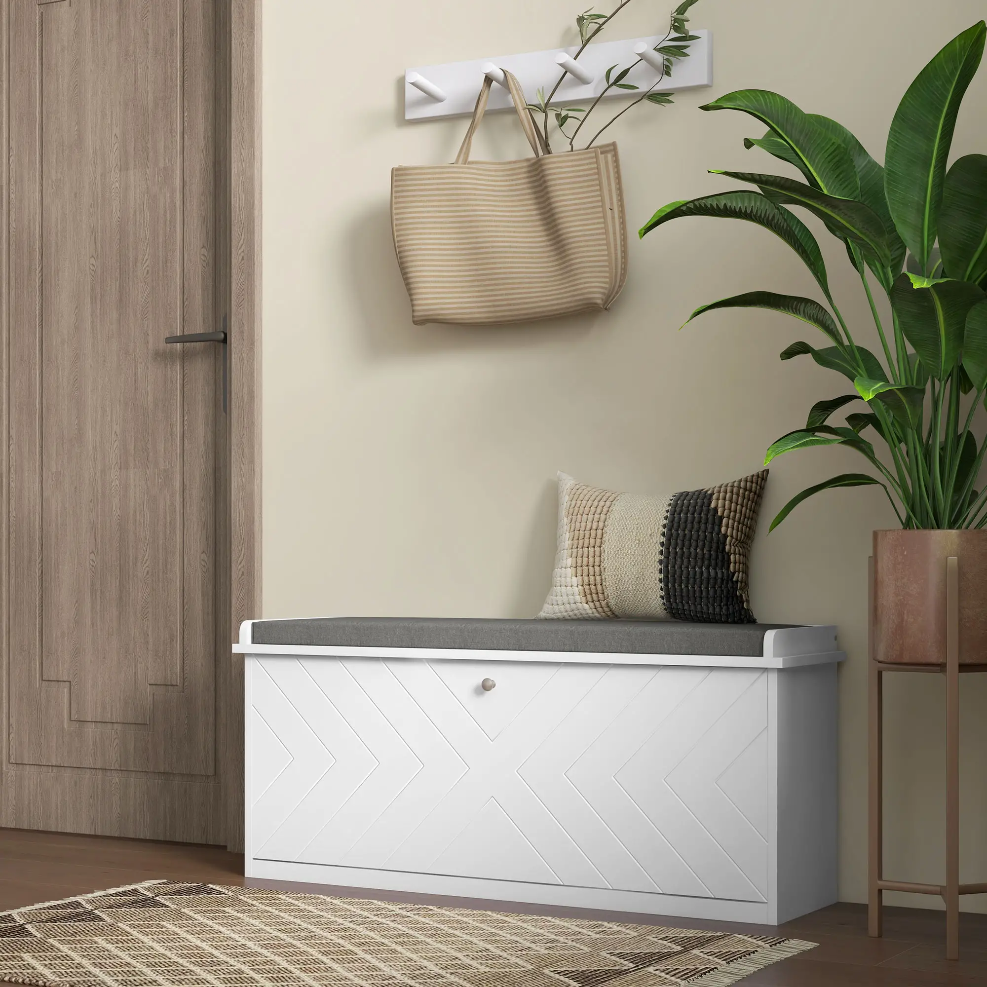 Upholstered Shoe Storage Bench with Flip Drawer, Adjustable Shelf, 10 Pairs - Image 8