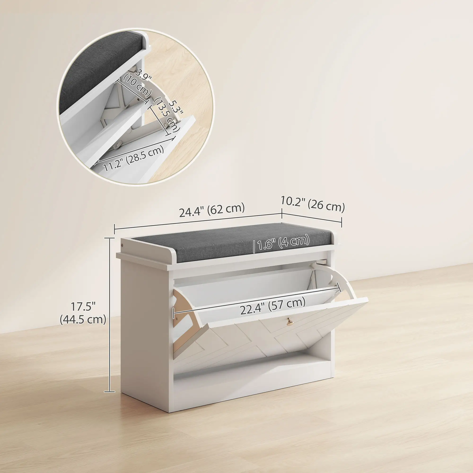 Upholstered Shoe Storage Bench with Flip Drawer, Adjustable Shelf, 6 Pairs - Image 3