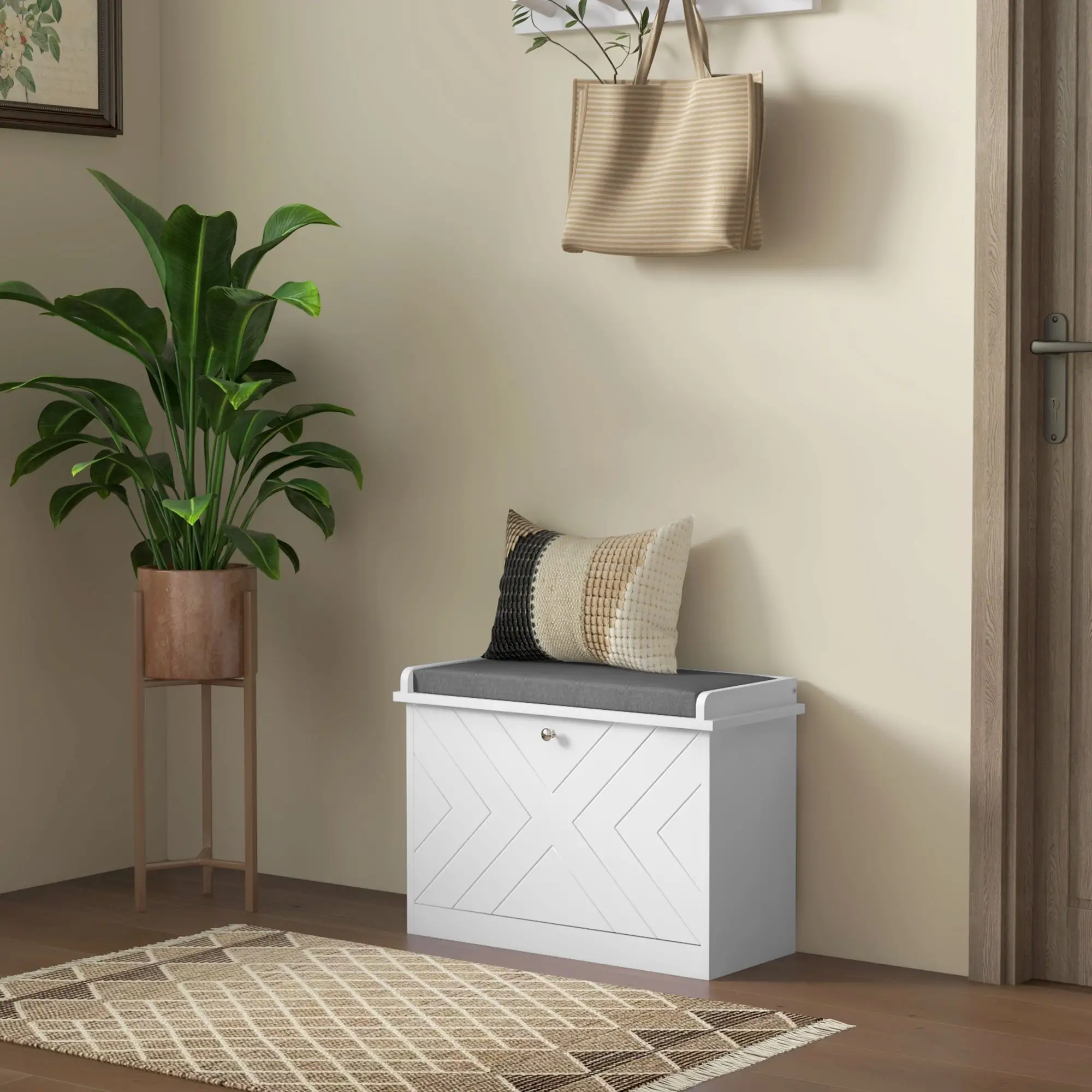 Upholstered Shoe Storage Bench with Flip Drawer, Adjustable Shelf, 6 Pairs - Image 8