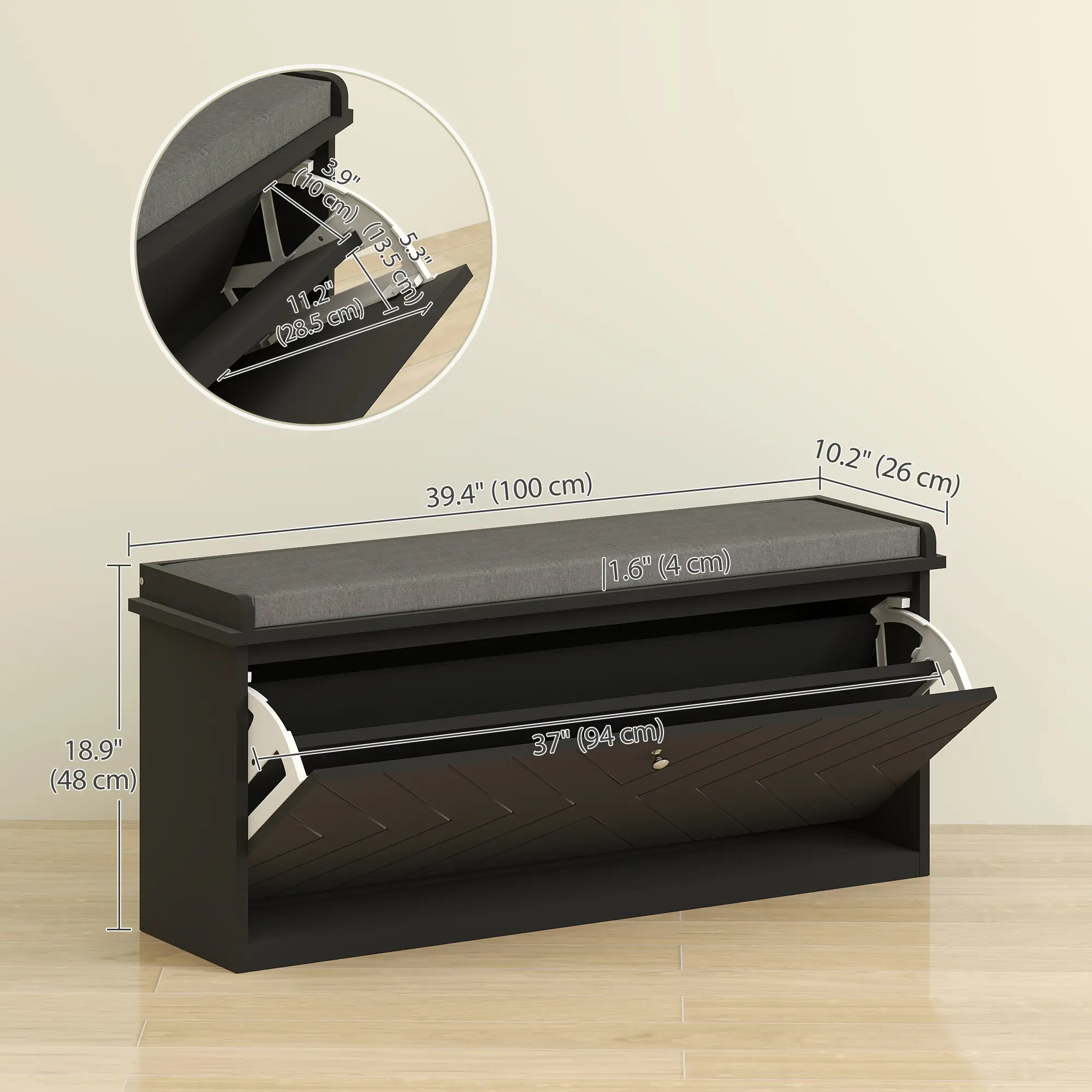 Upholstered Shoe Storage Bench with Flip Drawer, Adjustable Shelf, Fits 10 Pairs - Image 3