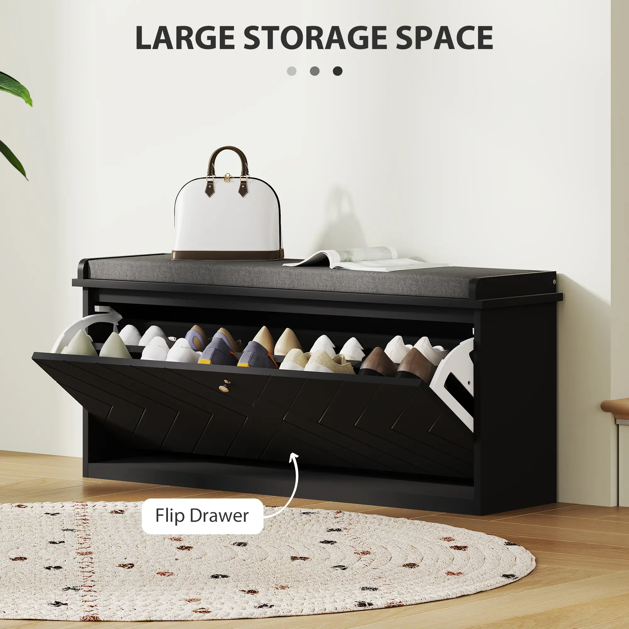 Upholstered Shoe Storage Bench with Flip Drawer, Adjustable Shelf, Fits 10 Pairs - Image 4