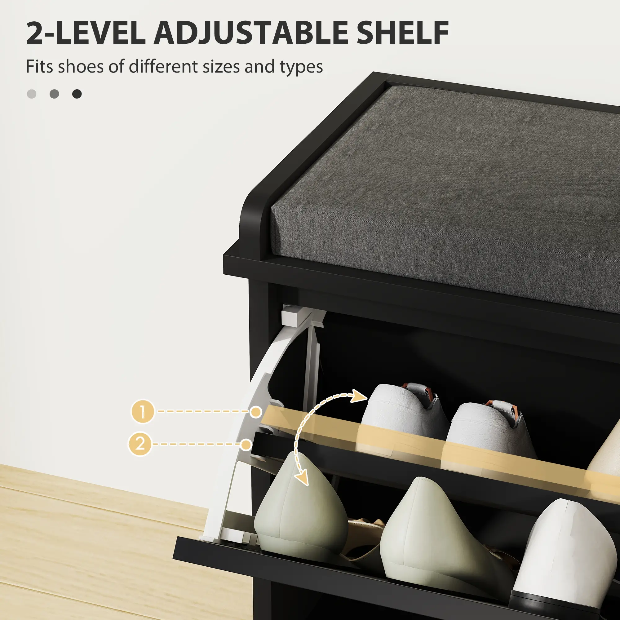 Upholstered Shoe Storage Bench with Flip Drawer, Adjustable Shelf, Fits 10 Pairs - Image 5