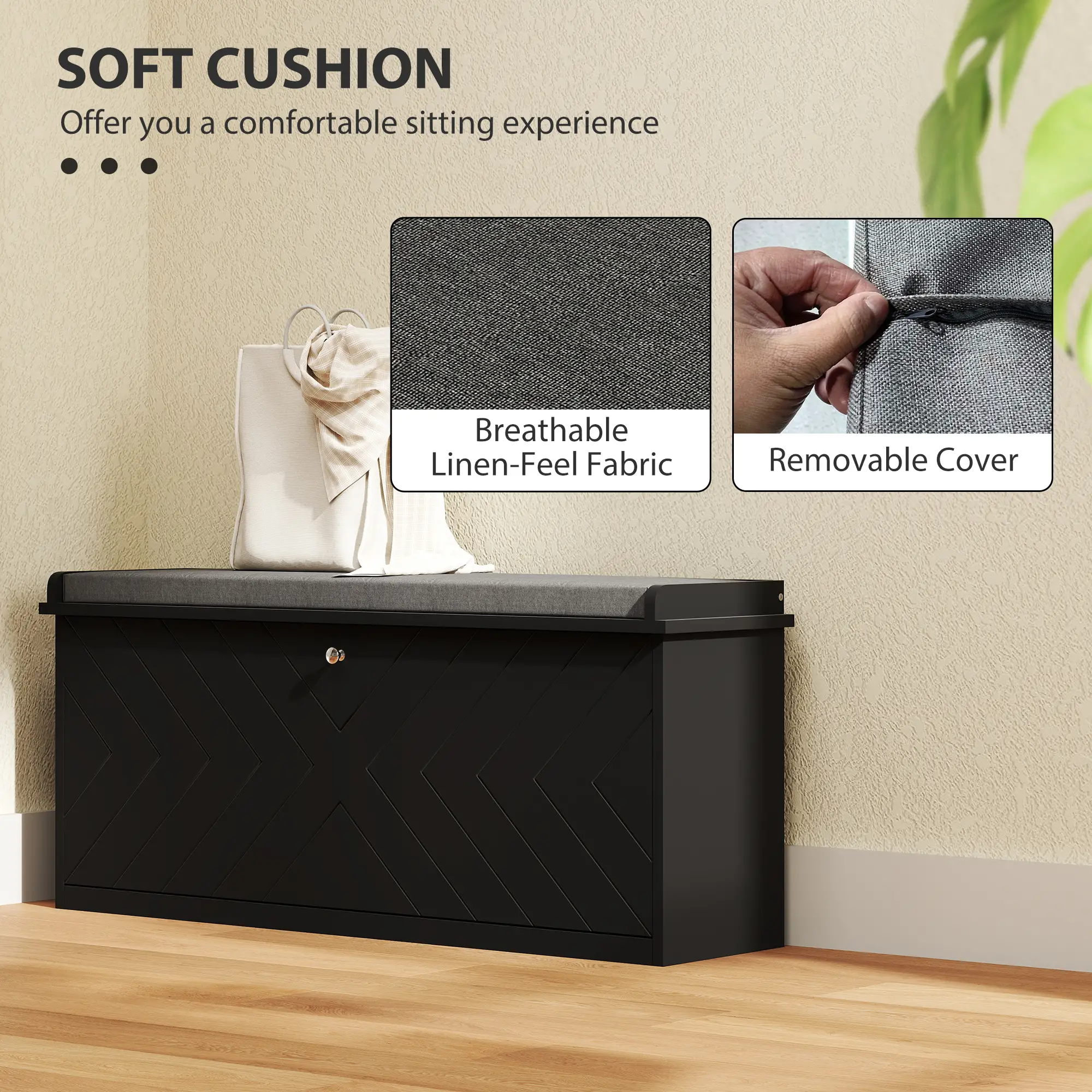 Upholstered Shoe Storage Bench with Flip Drawer, Adjustable Shelf, Fits 10 Pairs - Image 7