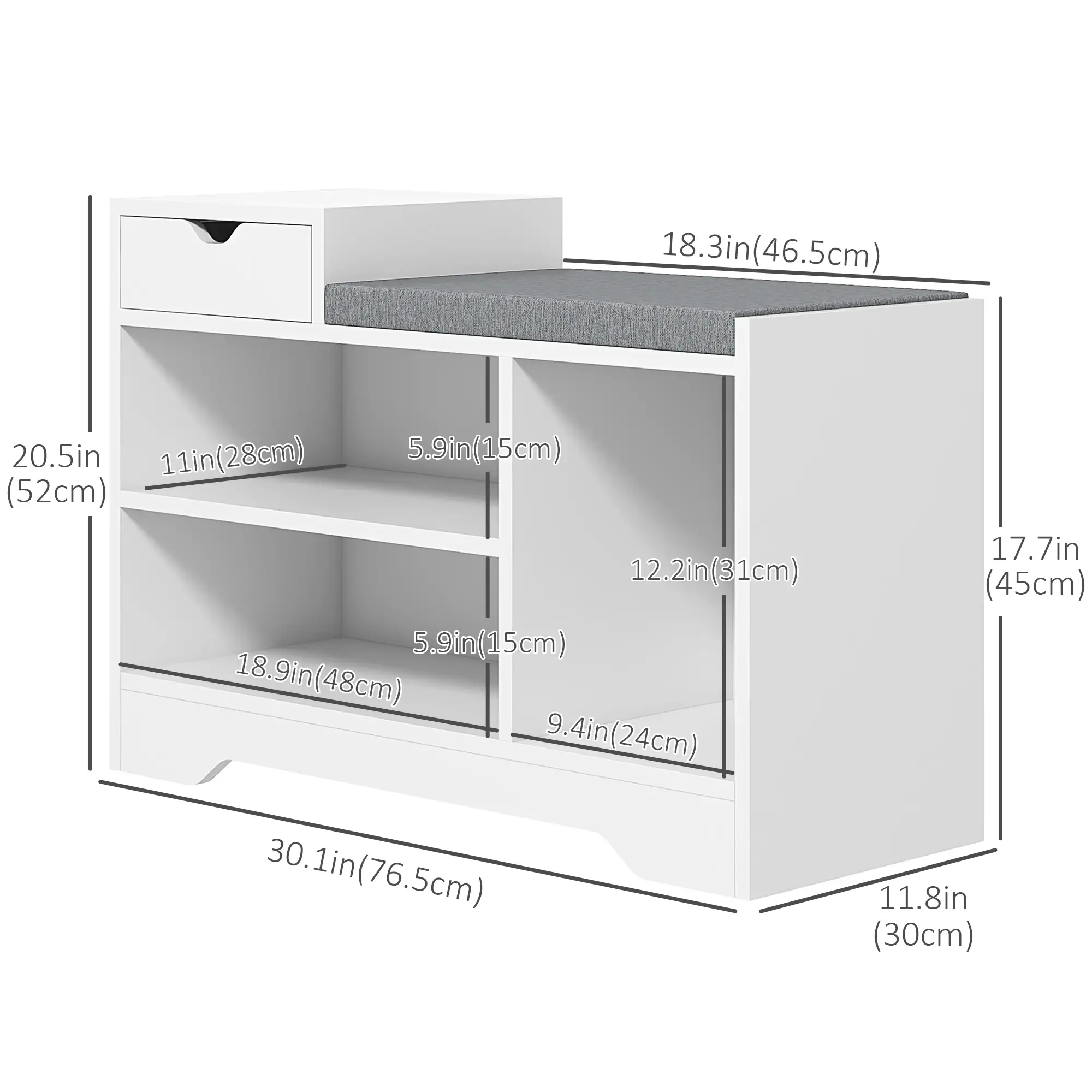 Upholstered Shoe Storage Bench, with Seat, Drawer, 3 Shelves, White - Image 3