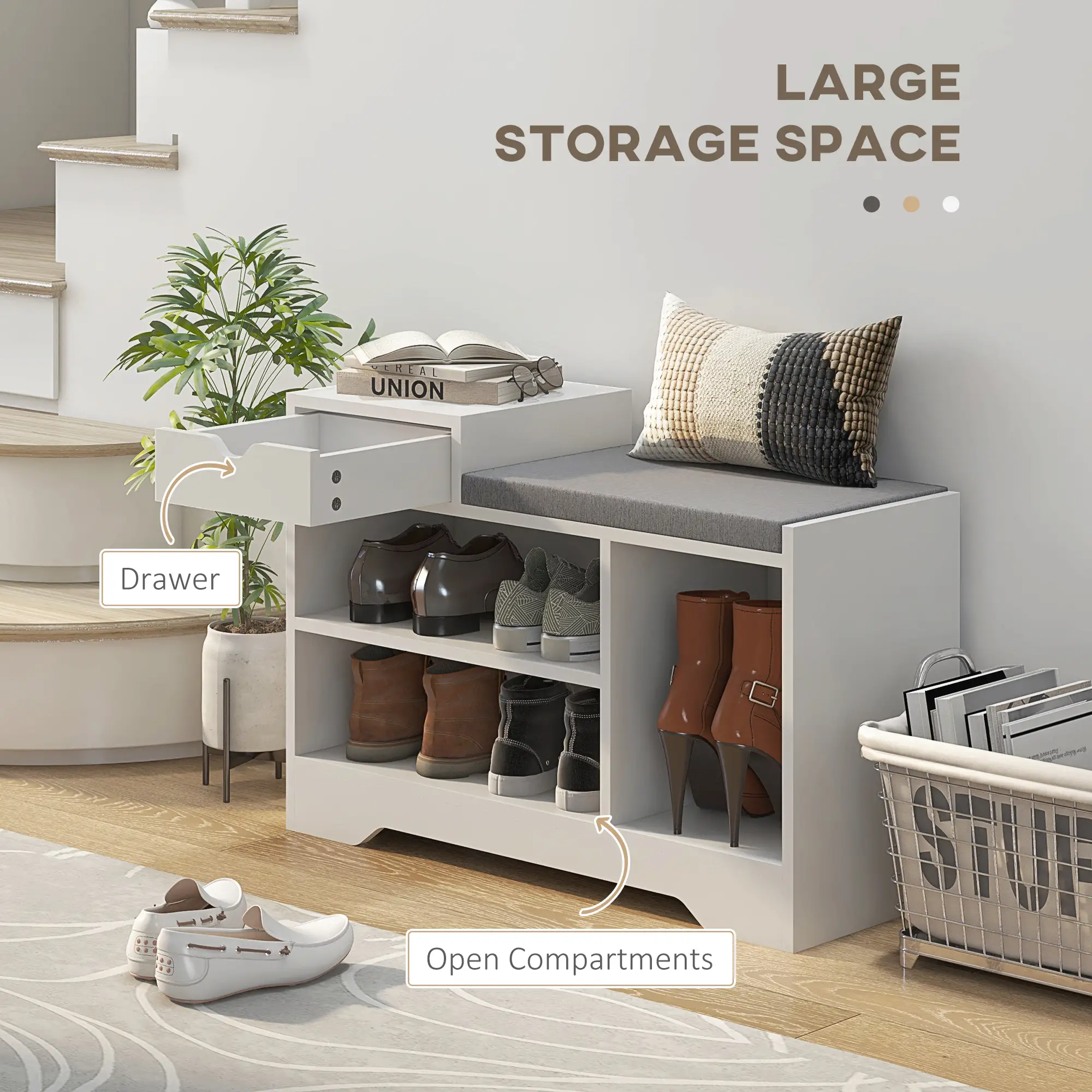 Upholstered Shoe Storage Bench, with Seat, Drawer, 3 Shelves, White - Image 4