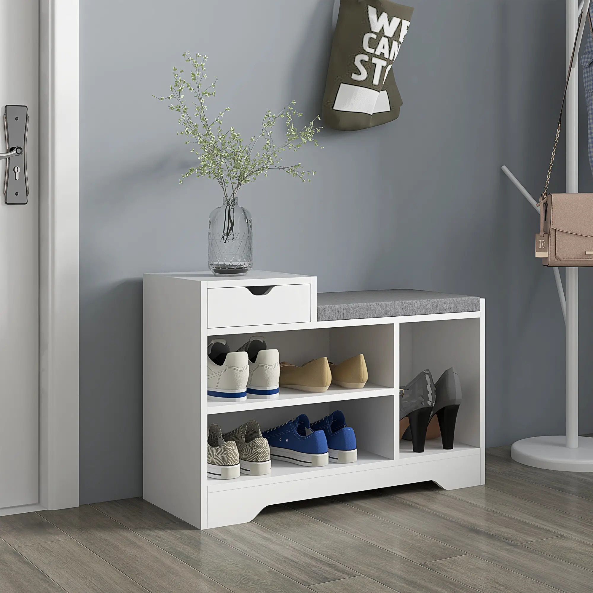 Upholstered Shoe Storage Bench, with Seat, Drawer, 3 Shelves, White - Image 7