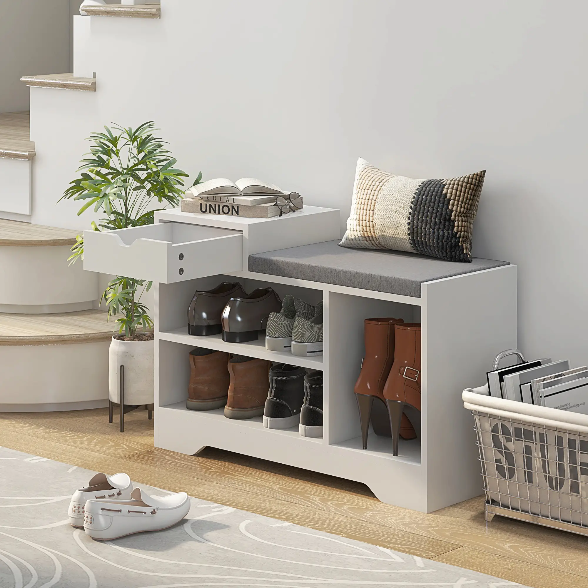 Upholstered Shoe Storage Bench, with Seat, Drawer, 3 Shelves, White - Image 8