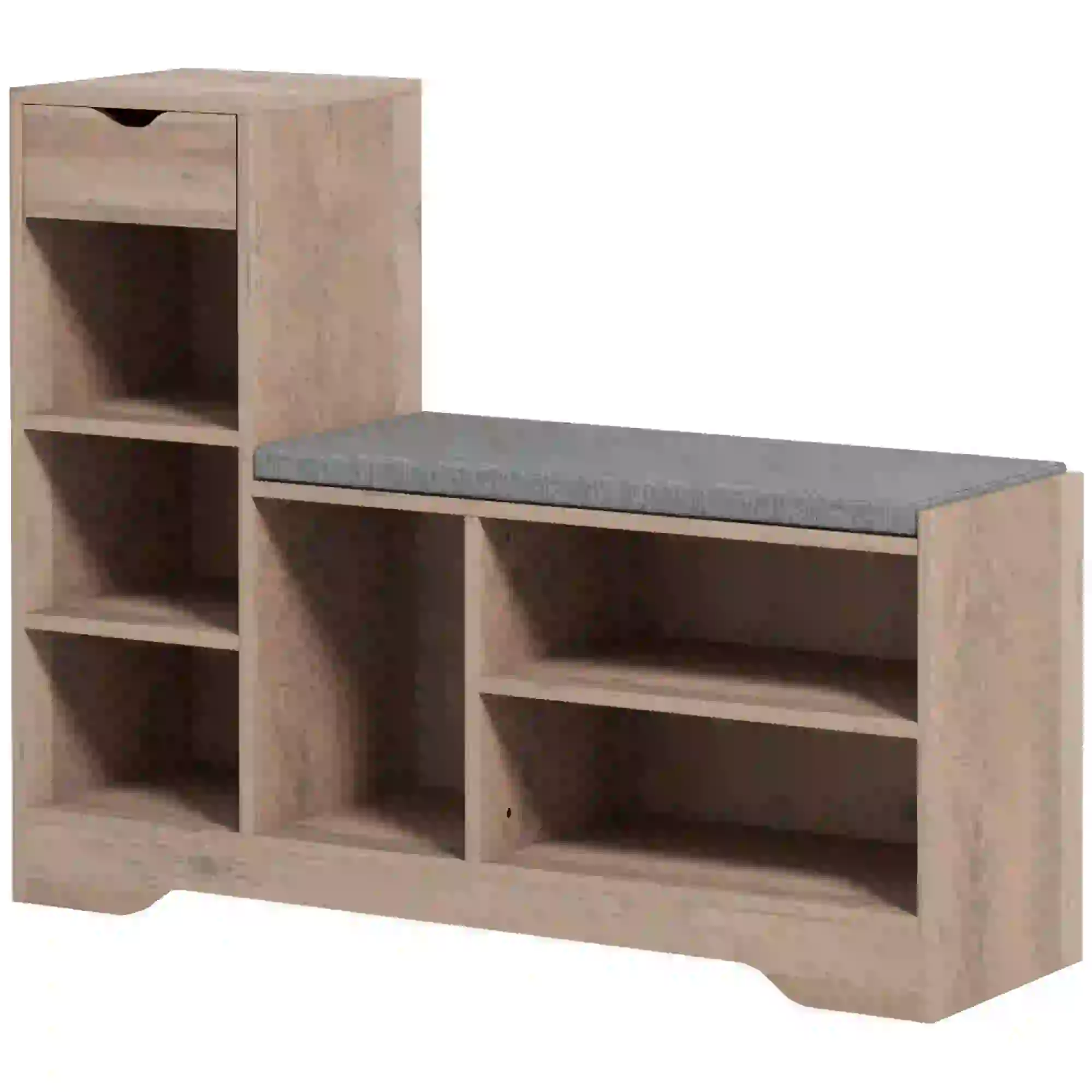 Upholstered Shoe Storage Bench With Seat, Drawer, 6 Shelves, Grey