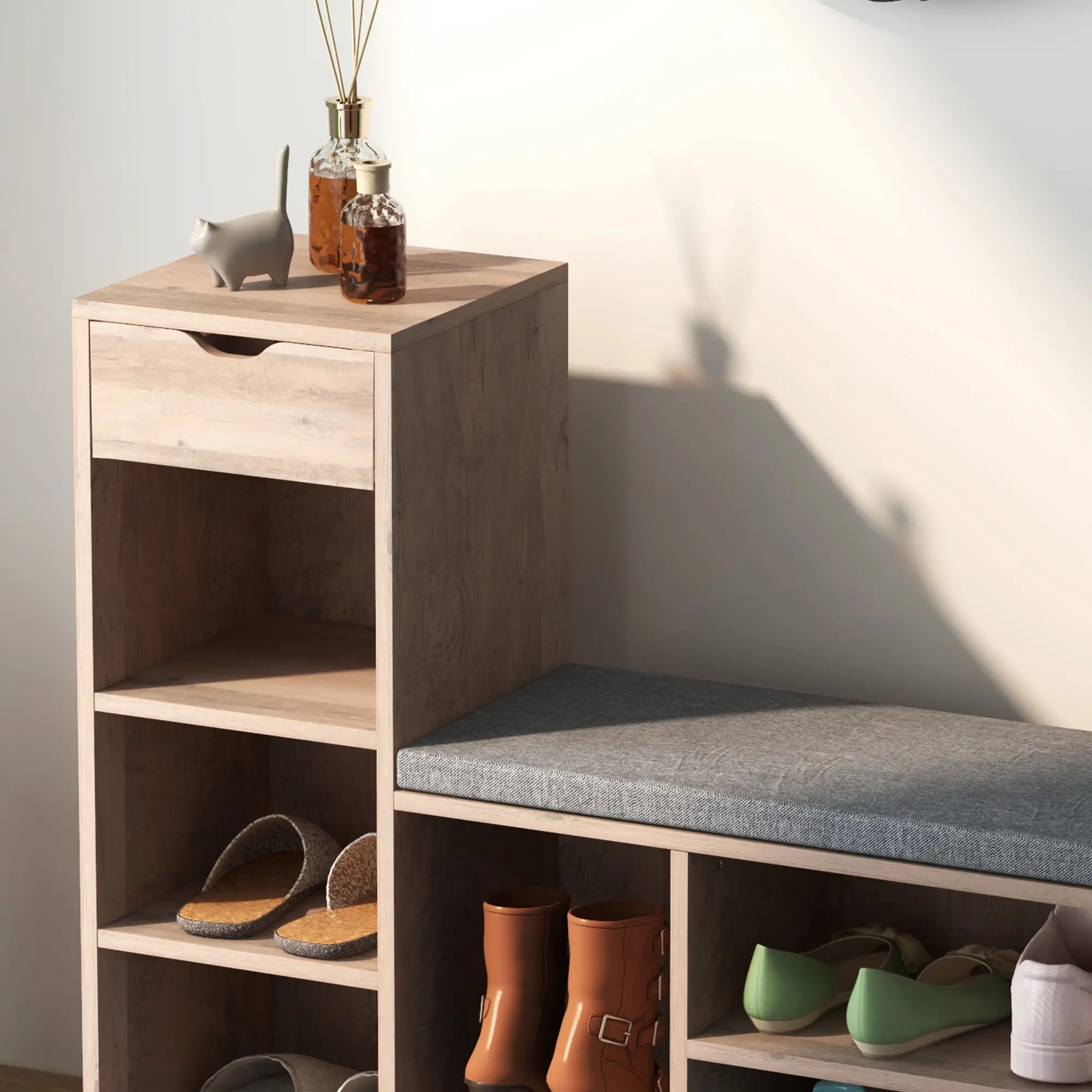 Upholstered Shoe Storage Bench With Seat, Drawer, 6 Shelves, Grey - Image 10