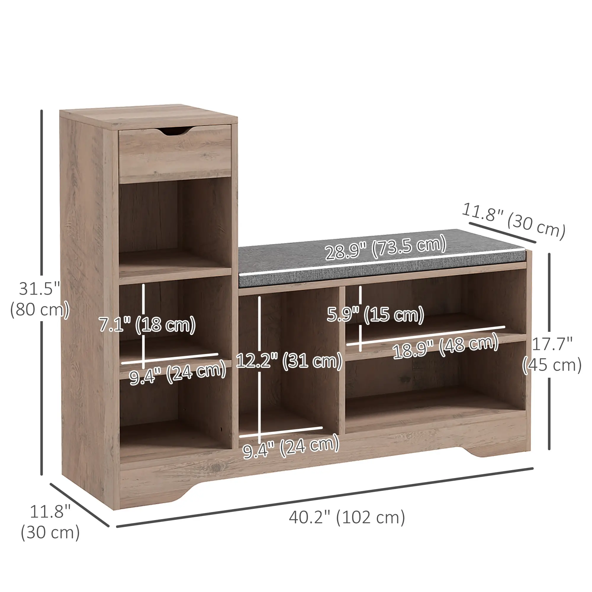 Upholstered Shoe Storage Bench With Seat, Drawer, 6 Shelves, Grey - Image 3