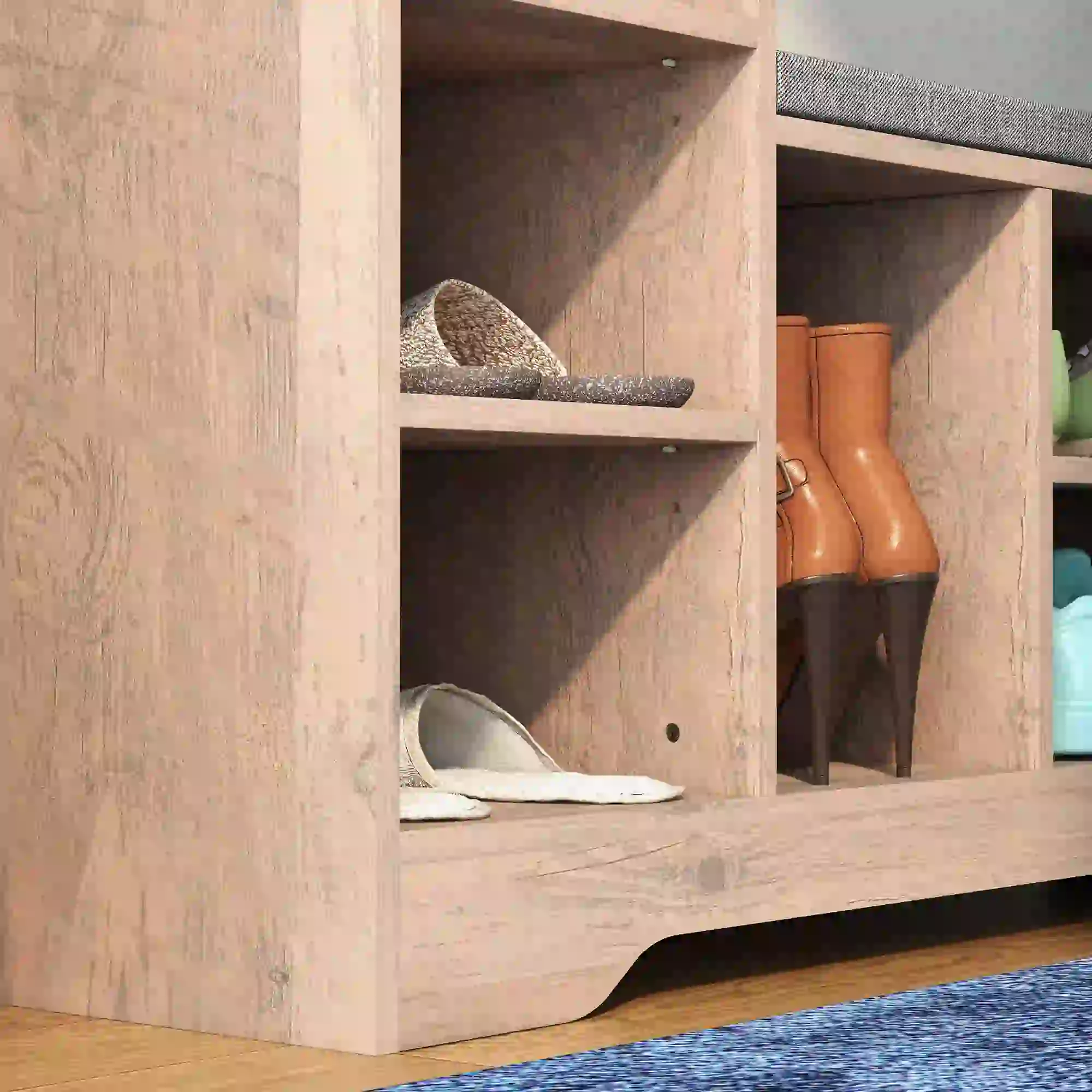 Upholstered Shoe Storage Bench With Seat, Drawer, 6 Shelves, Grey - Image 9