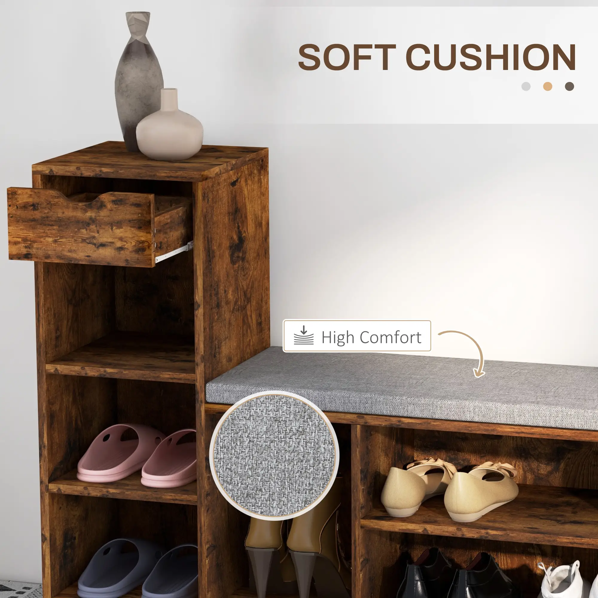 Upholstered Shoe Storage Bench With Seat, Drawer, 6 Shelves, Rustic Brown - Image 6
