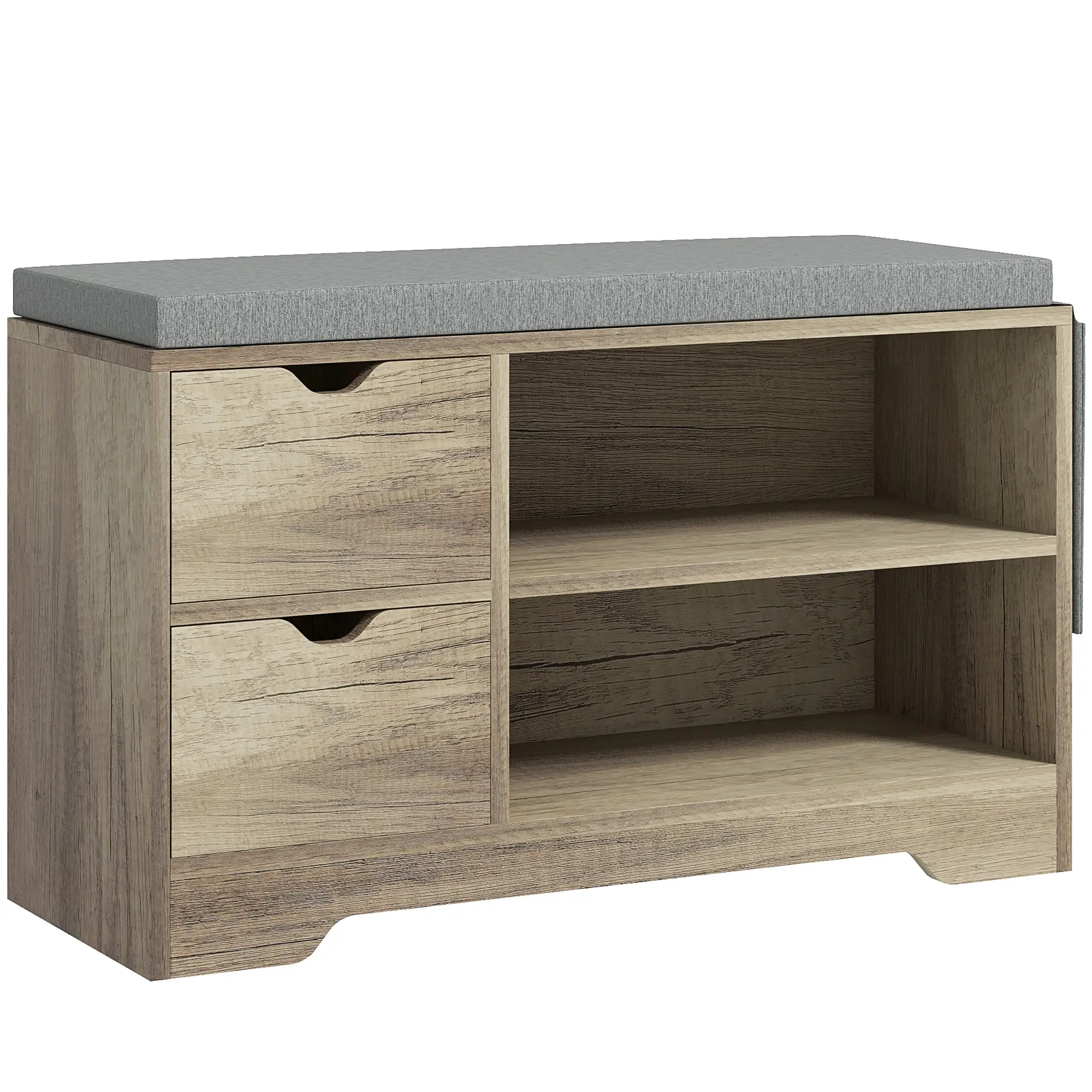Upholstered Shoe Storage Bench With Seat, Drawer, Open Shelves, Grey