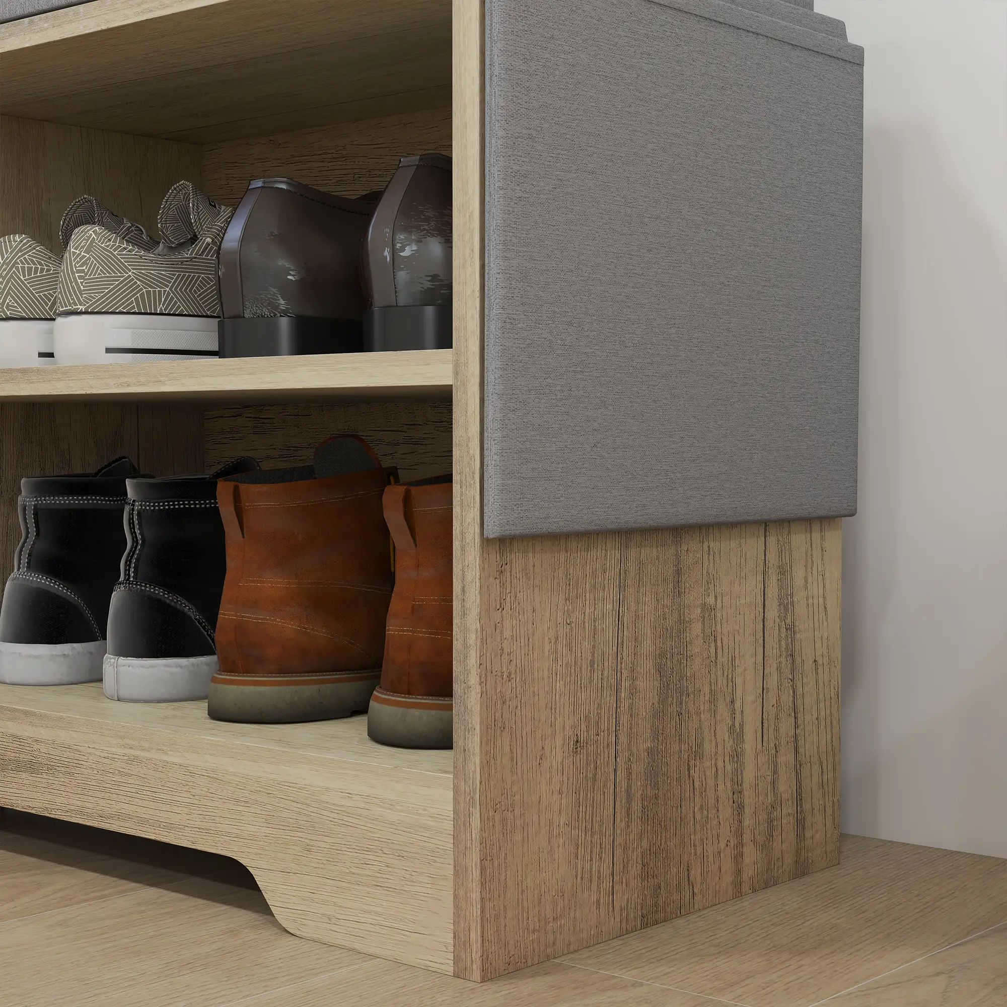 Upholstered Shoe Storage Bench With Seat, Drawer, Open Shelves, Grey - Image 10