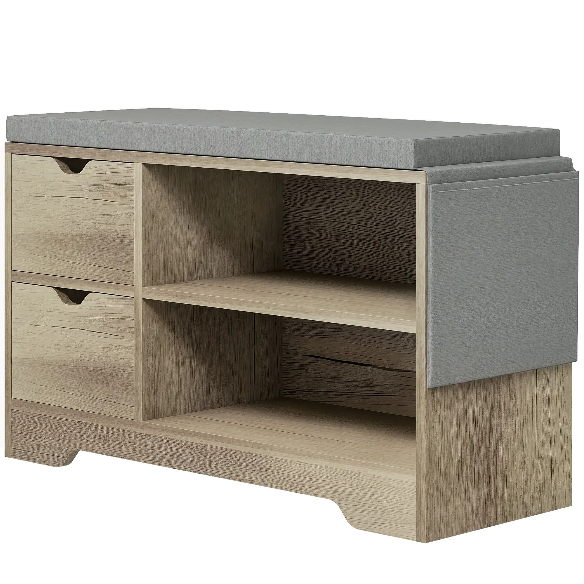 Upholstered Shoe Storage Bench With Seat, Drawer, Open Shelves, Grey - Image 11