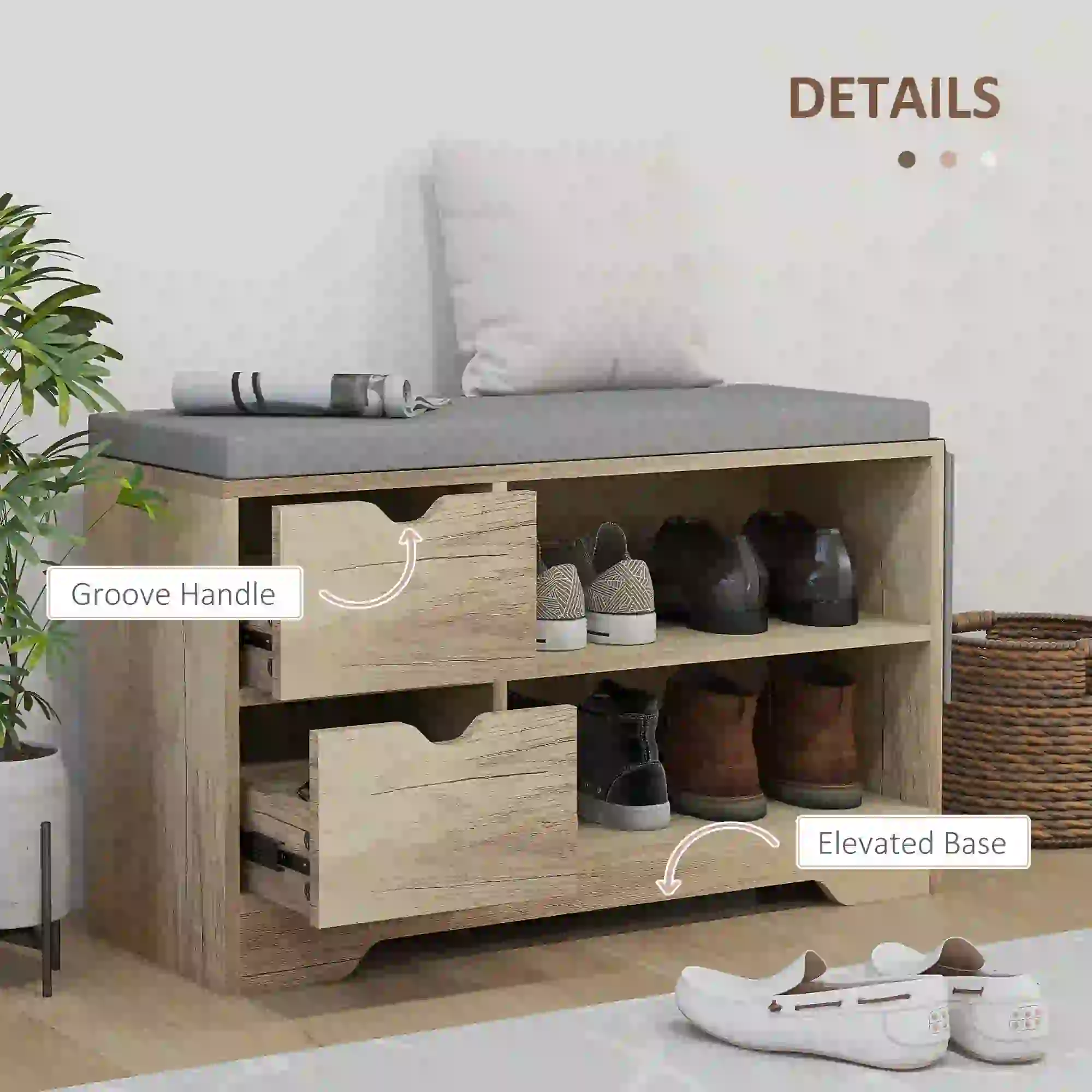 Upholstered Shoe Storage Bench With Seat, Drawer, Open Shelves, Grey - Image 6
