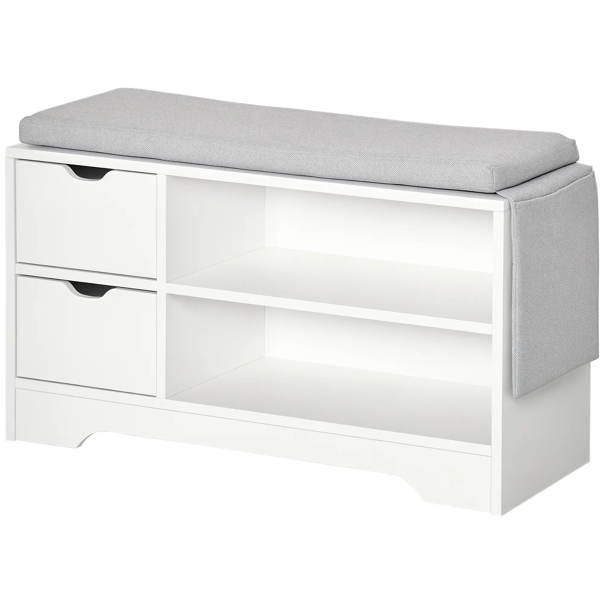 Upholstered Shoe Storage Bench With Seat, Drawer, Open Shelves, White - Image 12