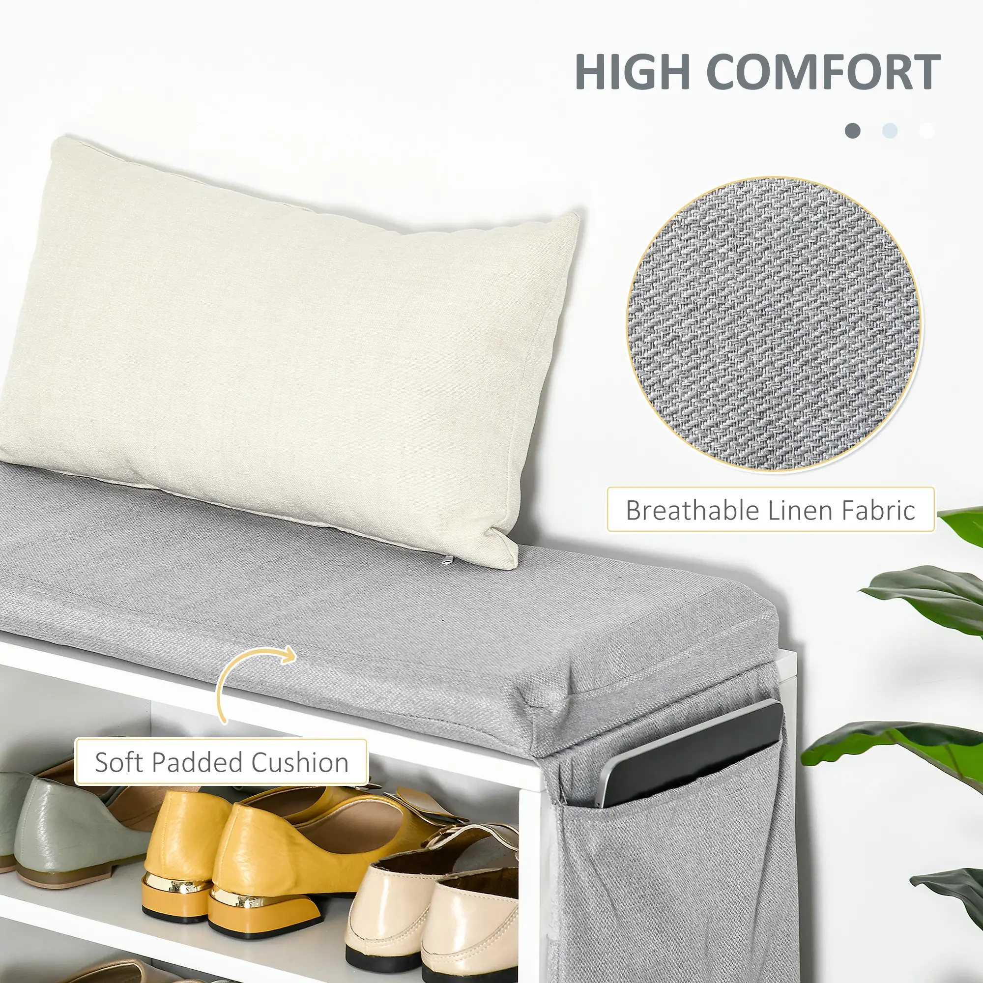 Upholstered Shoe Storage Bench With Seat, Drawer, Open Shelves, White - Image 5