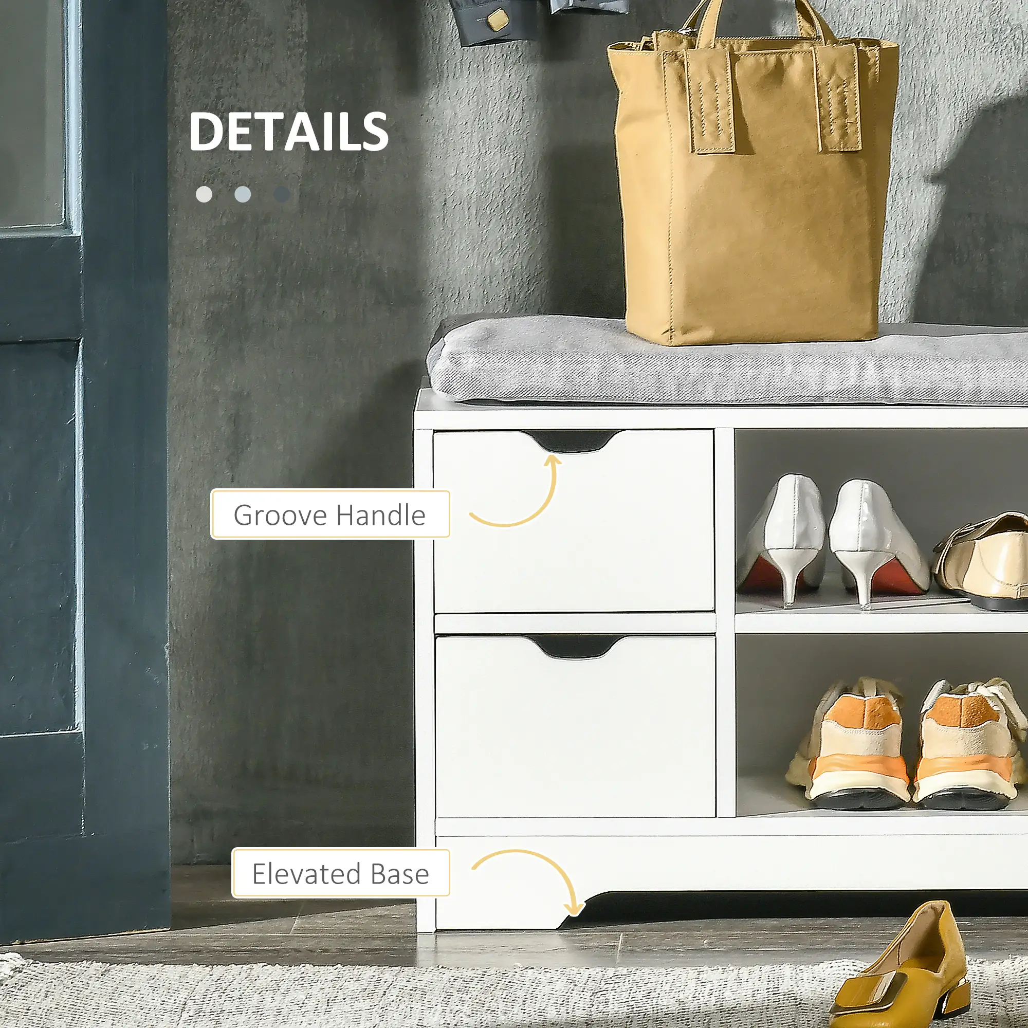 Upholstered Shoe Storage Bench With Seat, Drawer, Open Shelves, White - Image 6