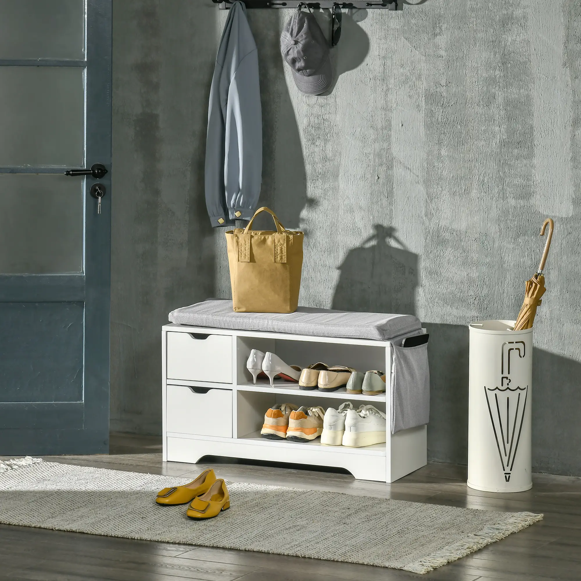 Upholstered Shoe Storage Bench With Seat, Drawer, Open Shelves, White - Image 7