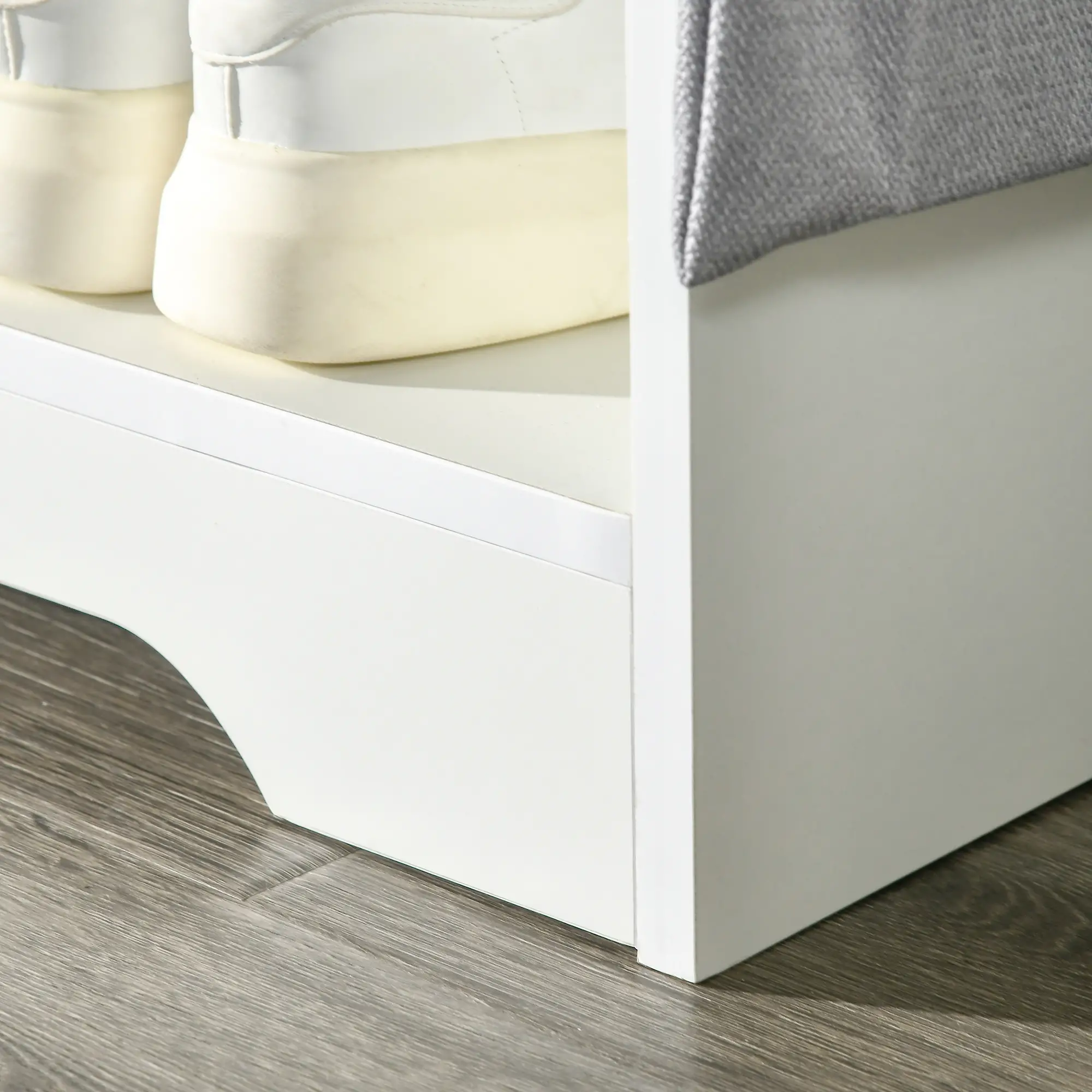 Upholstered Shoe Storage Bench With Seat, Drawer, Open Shelves, White - Image 9