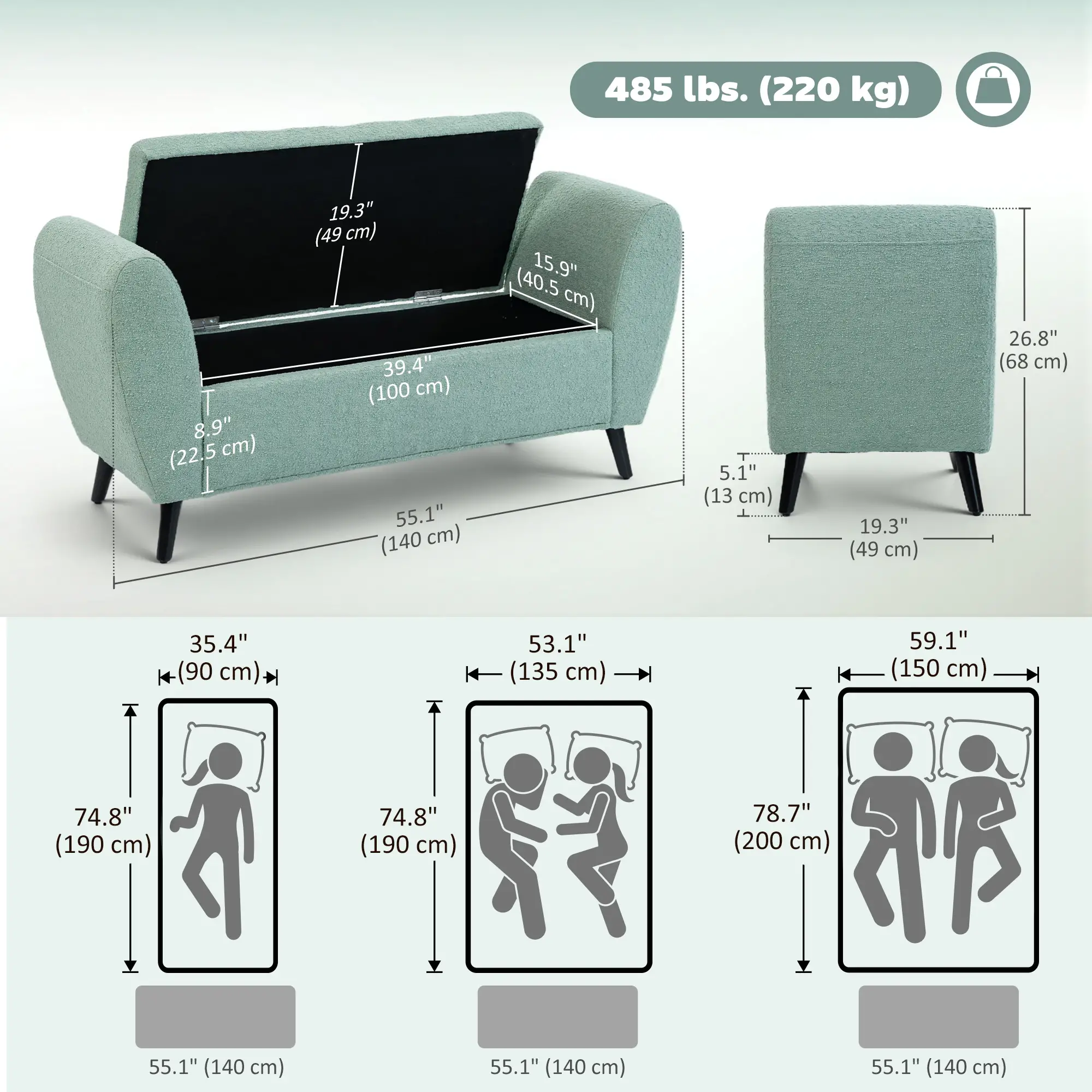 Upholstered Storage Bench with Arms, Modern Ottoman, Green - Image 3