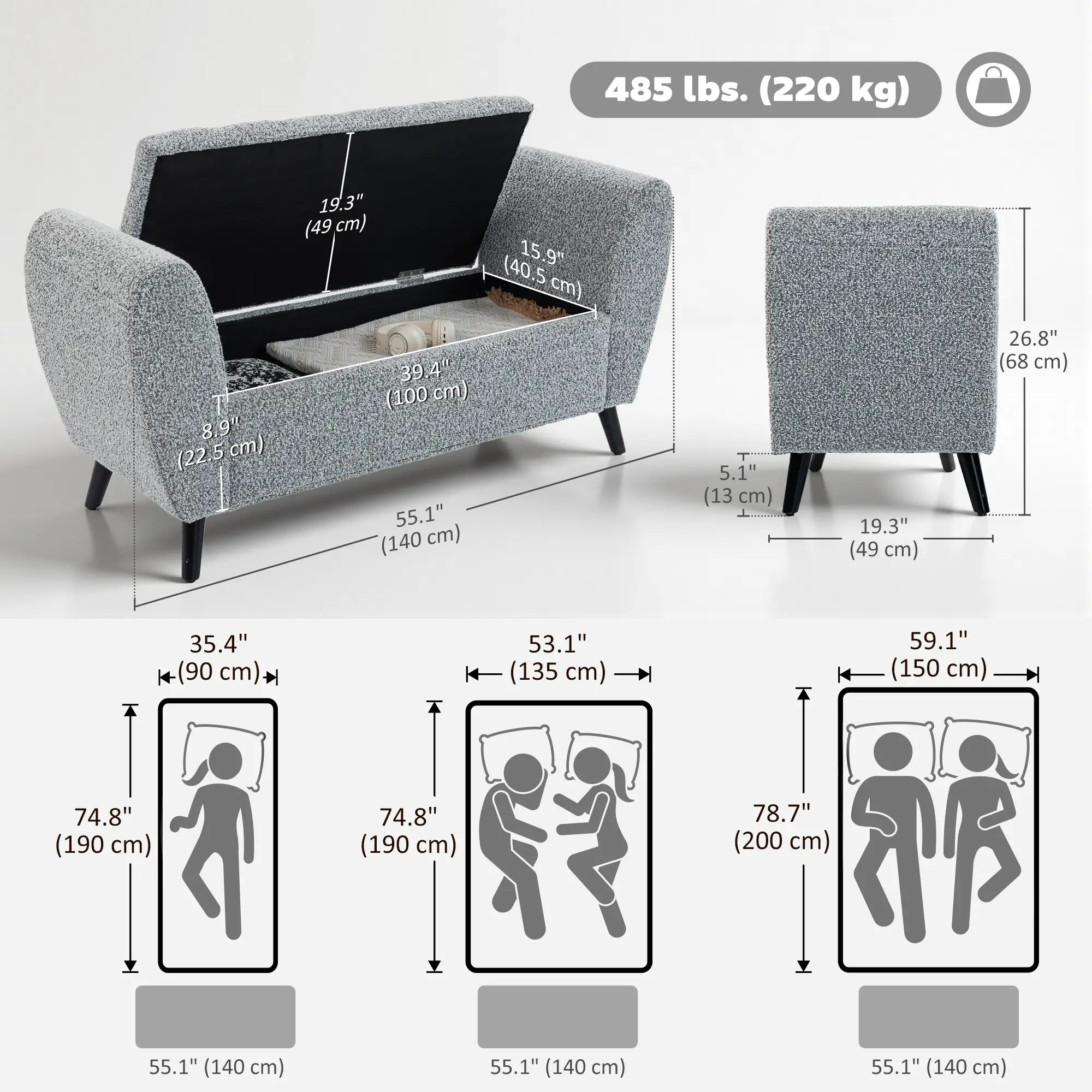 Upholstered Storage Bench with Arms, Modern Ottoman, Grey - Image 3