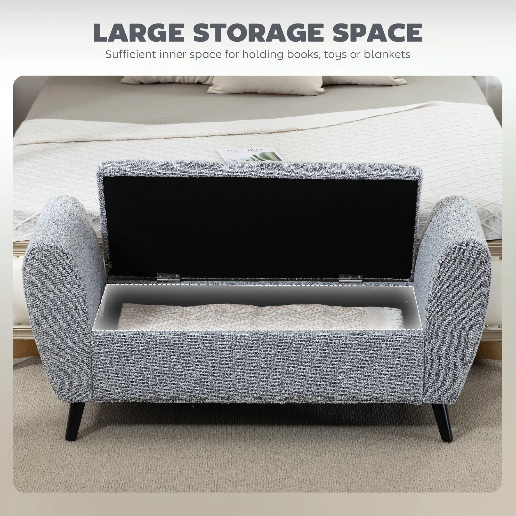 Upholstered Storage Bench with Arms, Modern Ottoman, Grey - Image 4