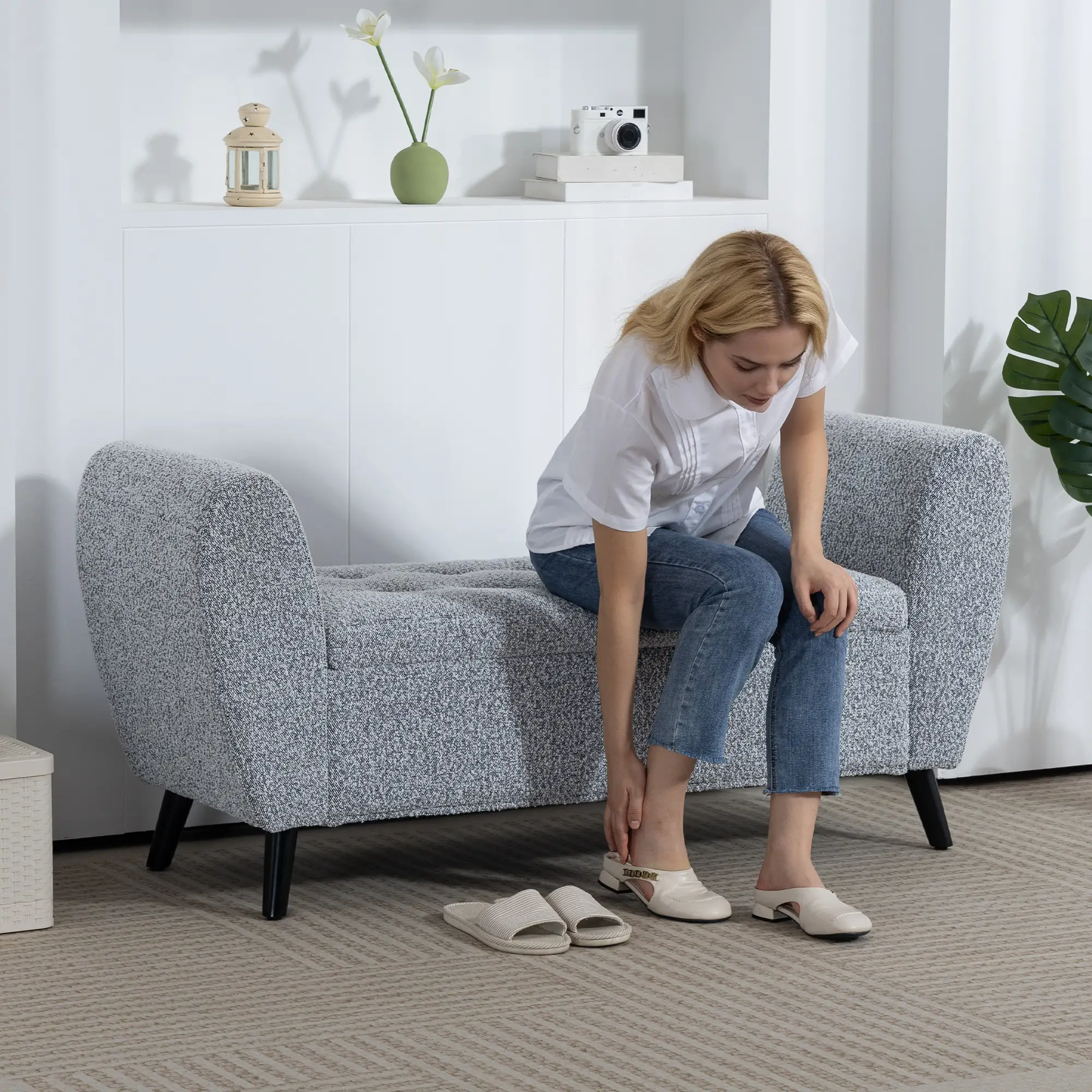 Upholstered Storage Bench with Arms, Modern Ottoman, Grey - Image 9