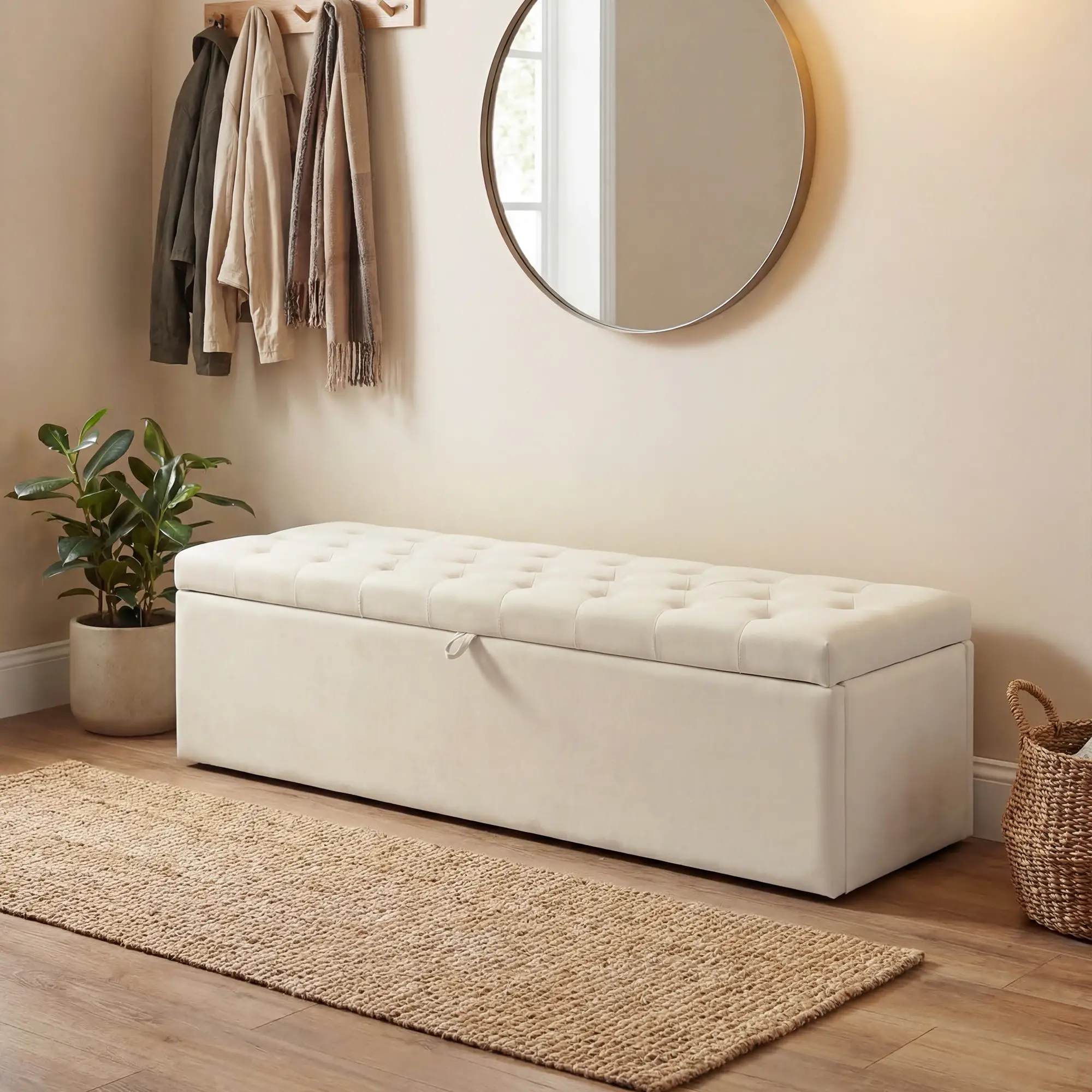 Upholstered Velvet Storage Ottoman Bench, Button Tufted, Beige - Image 10