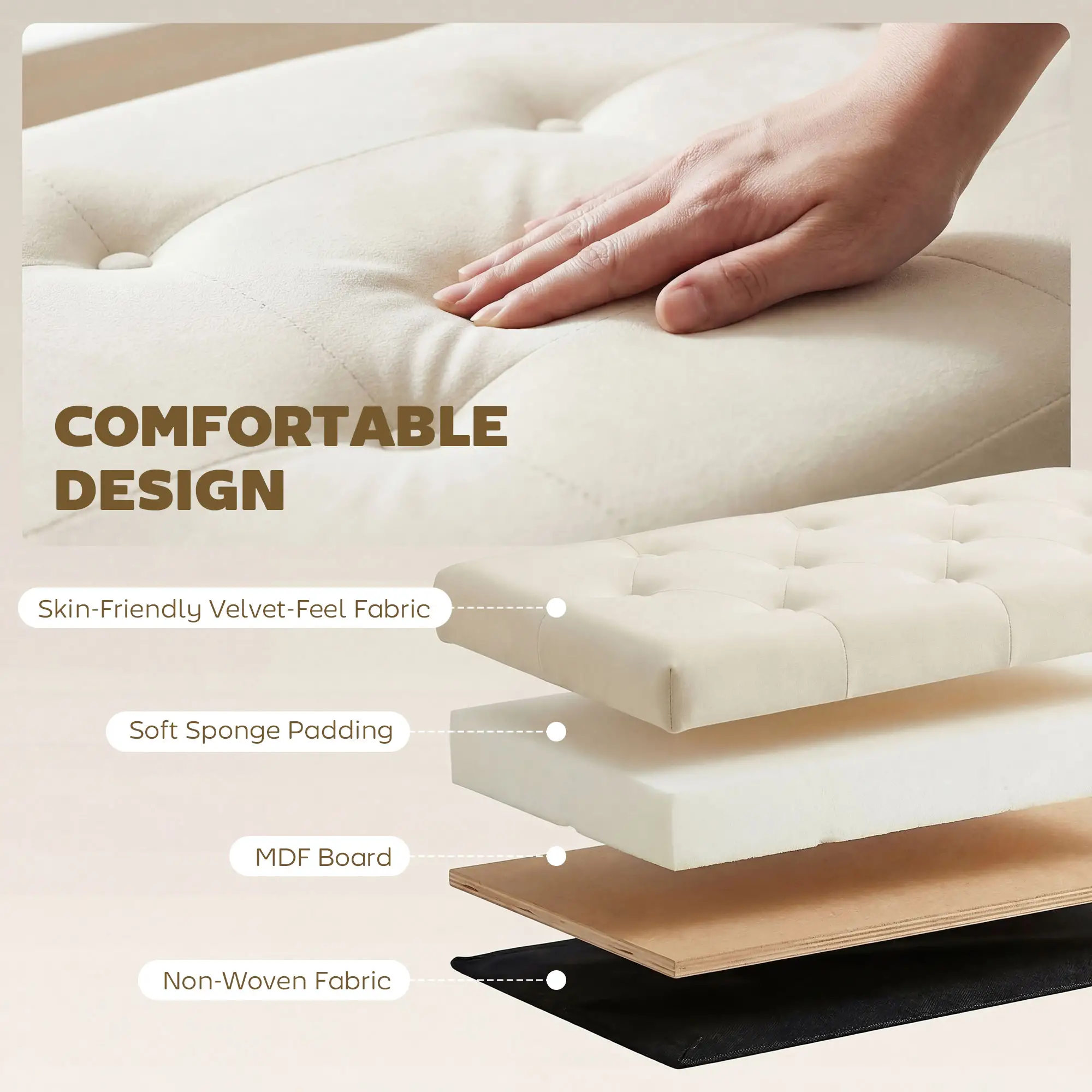 Upholstered Velvet Storage Ottoman Bench, Button Tufted, Beige - Image 5